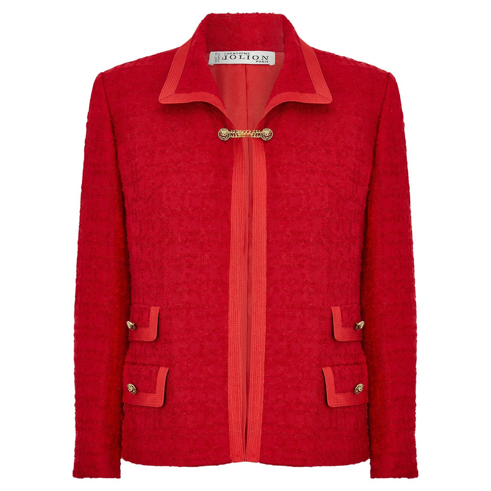 1960er Jahre Rote Boucle-Woll-Tweedjacke mit Löwenknopf im Angebot