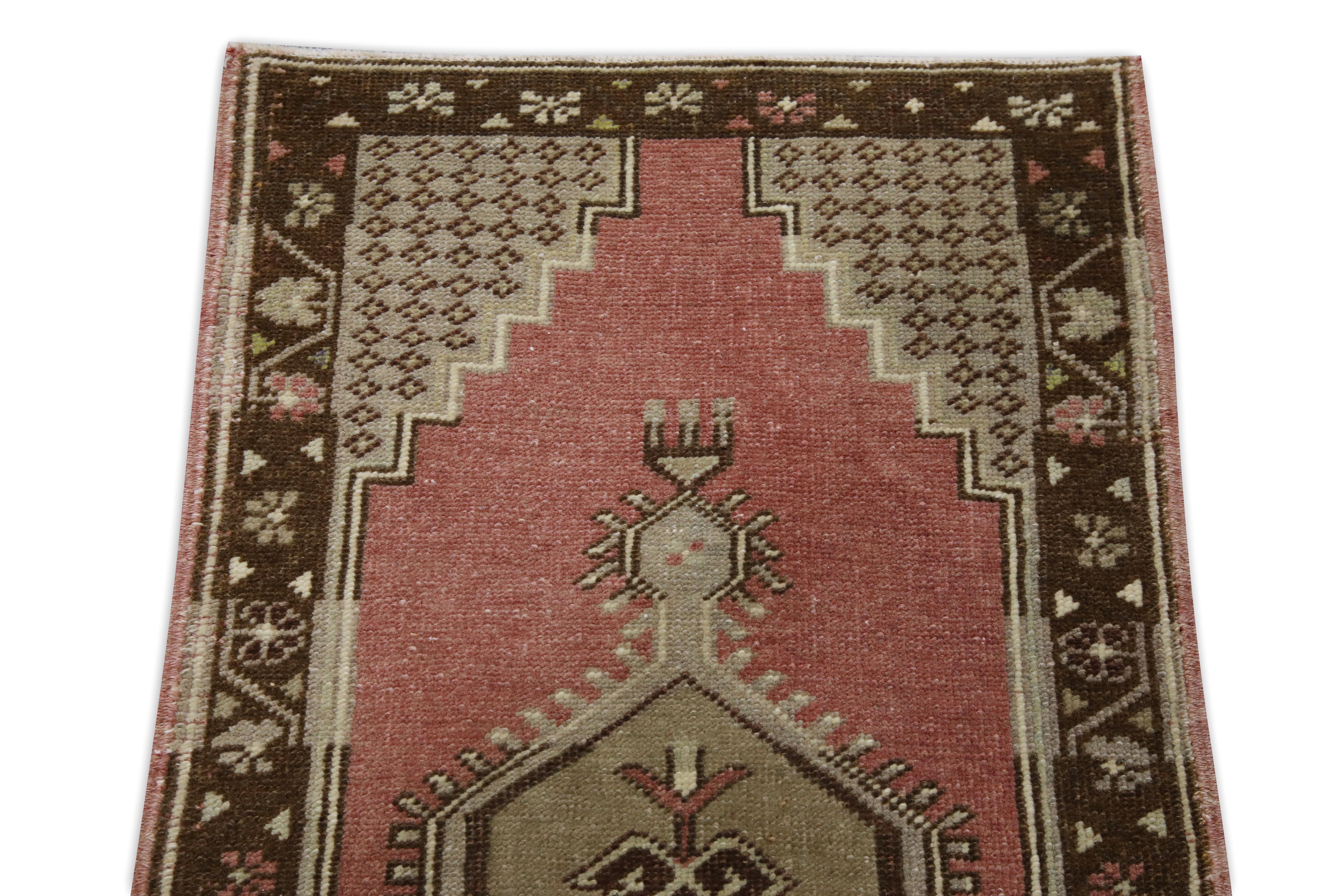 Hand-Woven 1960s Red & Brown Vintage Turkish Mini Rug 1'8