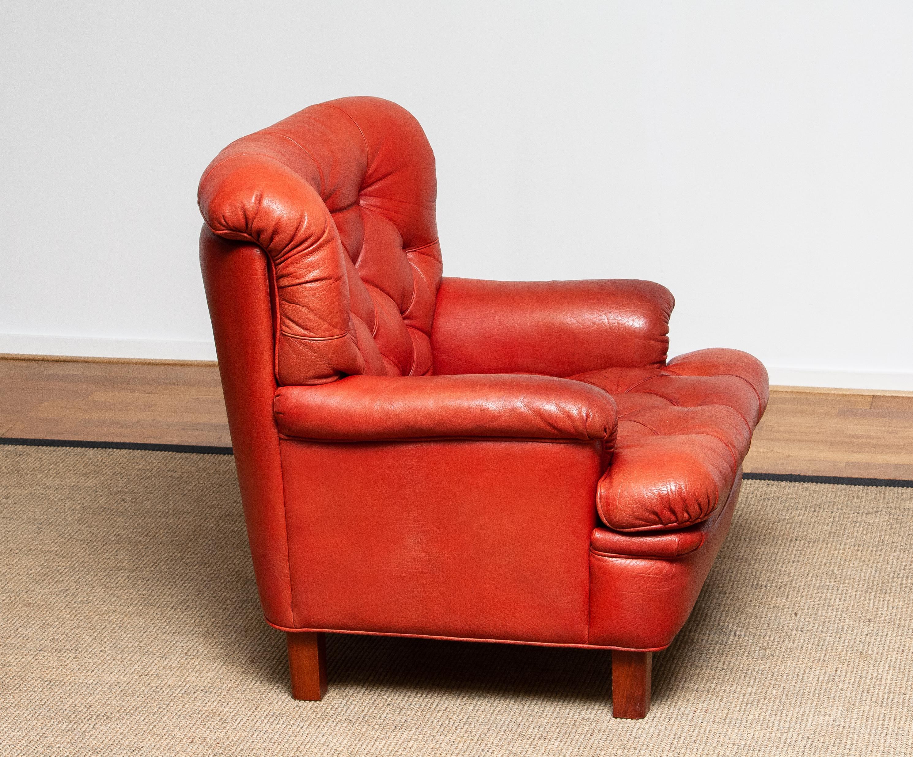 1960s Red Buffalo Leather and Quilted Easy or Lounge or Armchair by Arne Norell 4