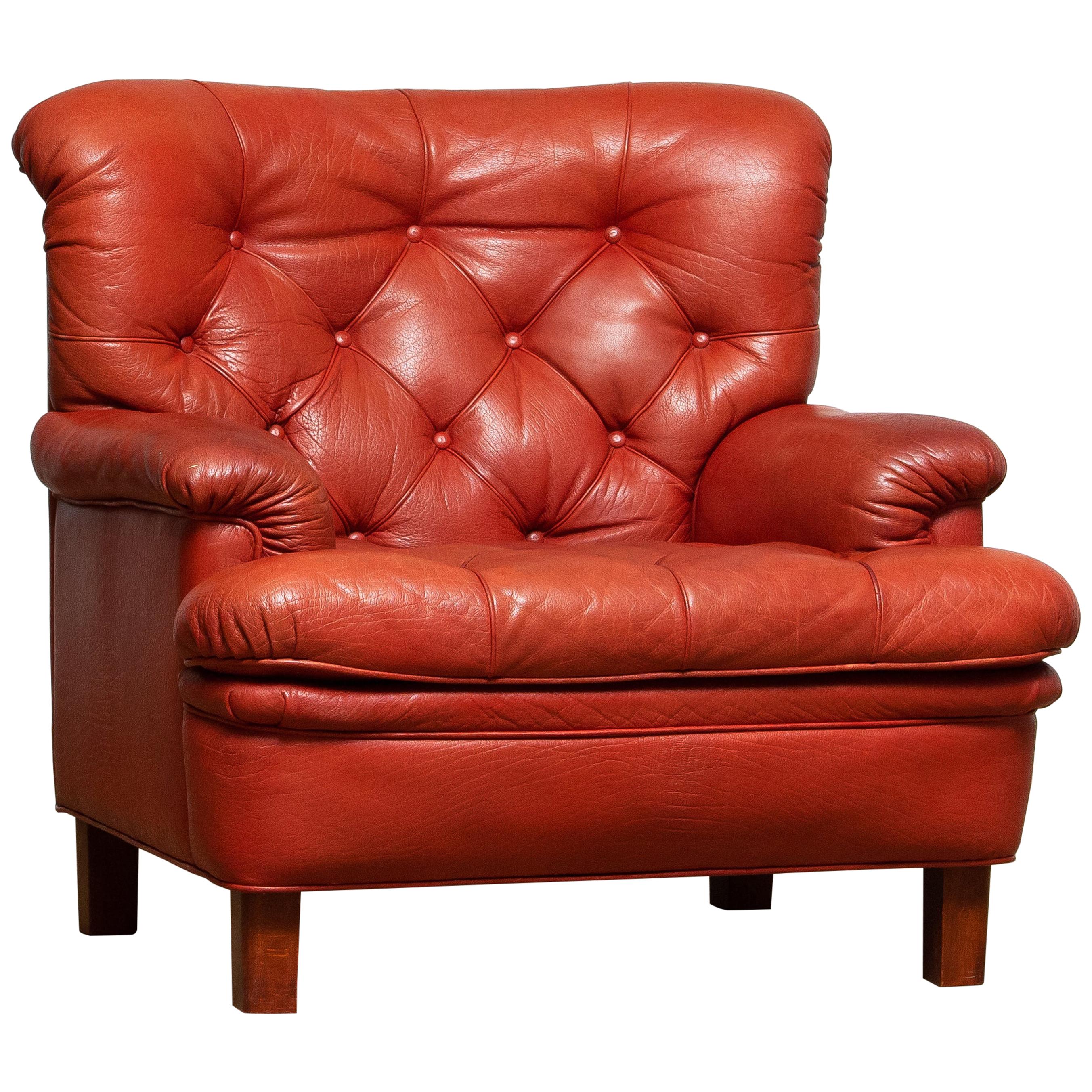 Mid-Century Modern 1960s Red Buffalo Leather and Quilted Easy or Lounge or Armchair by Arne Norell