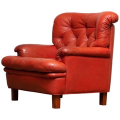 1960s Red Buffalo Leather and Quilted Easy or Lounge or Armchair by Arne Norell