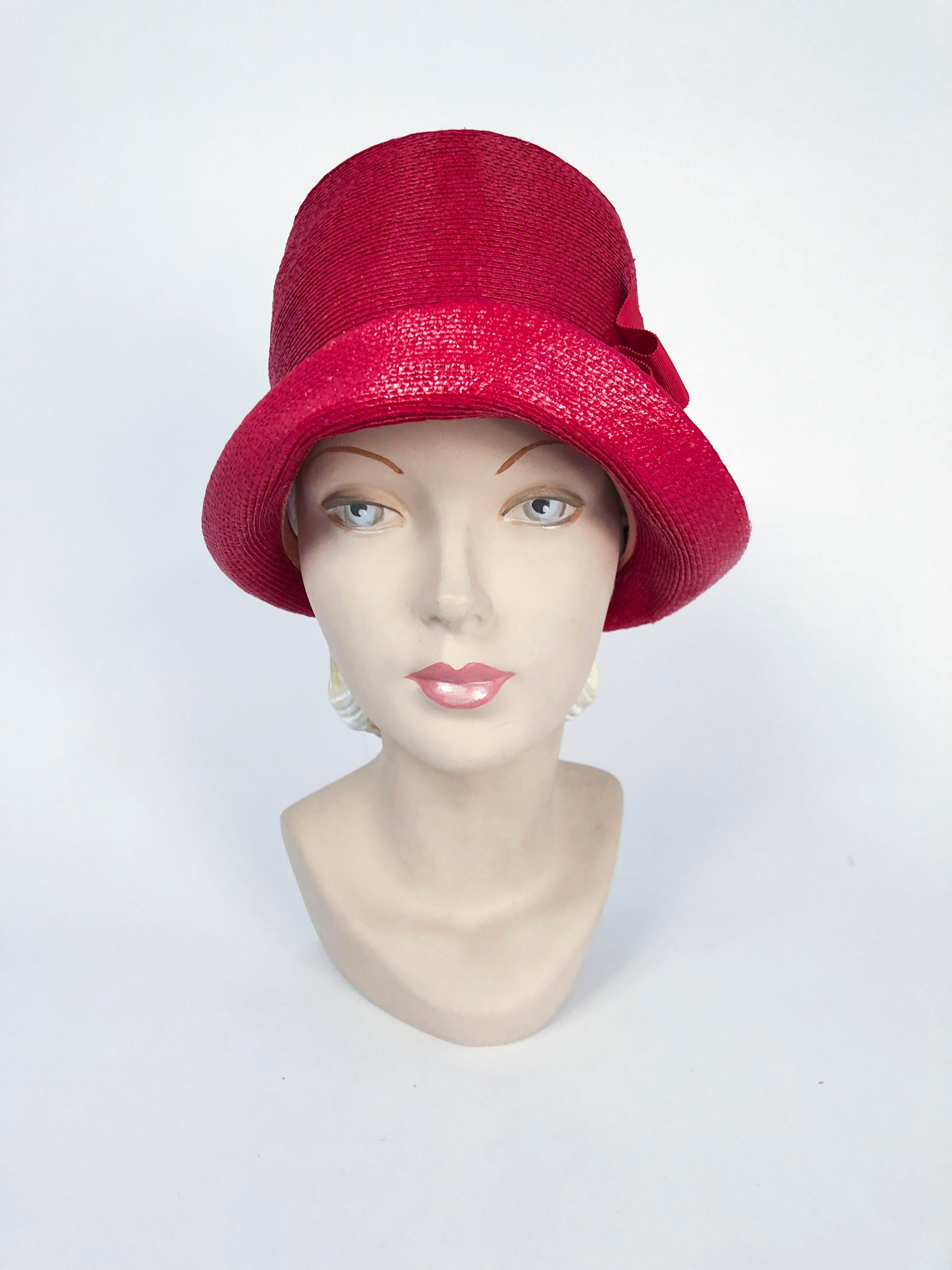 Gray 1960s Red Coded Straw Cloche and Grosgrain Decorative Ribbon
