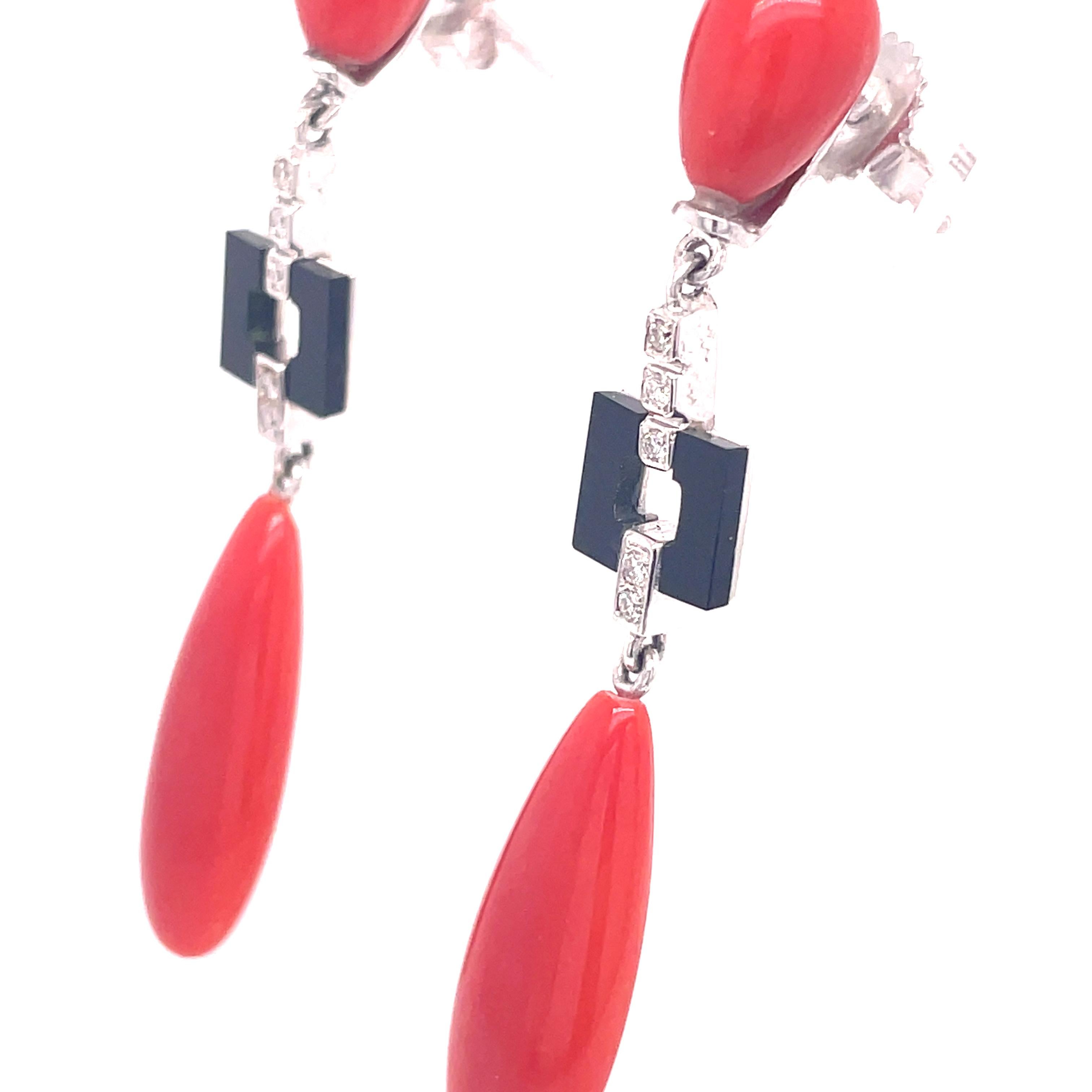 1960s Red Coral, Onyx and Diamond Articulated Earrings For Sale 1