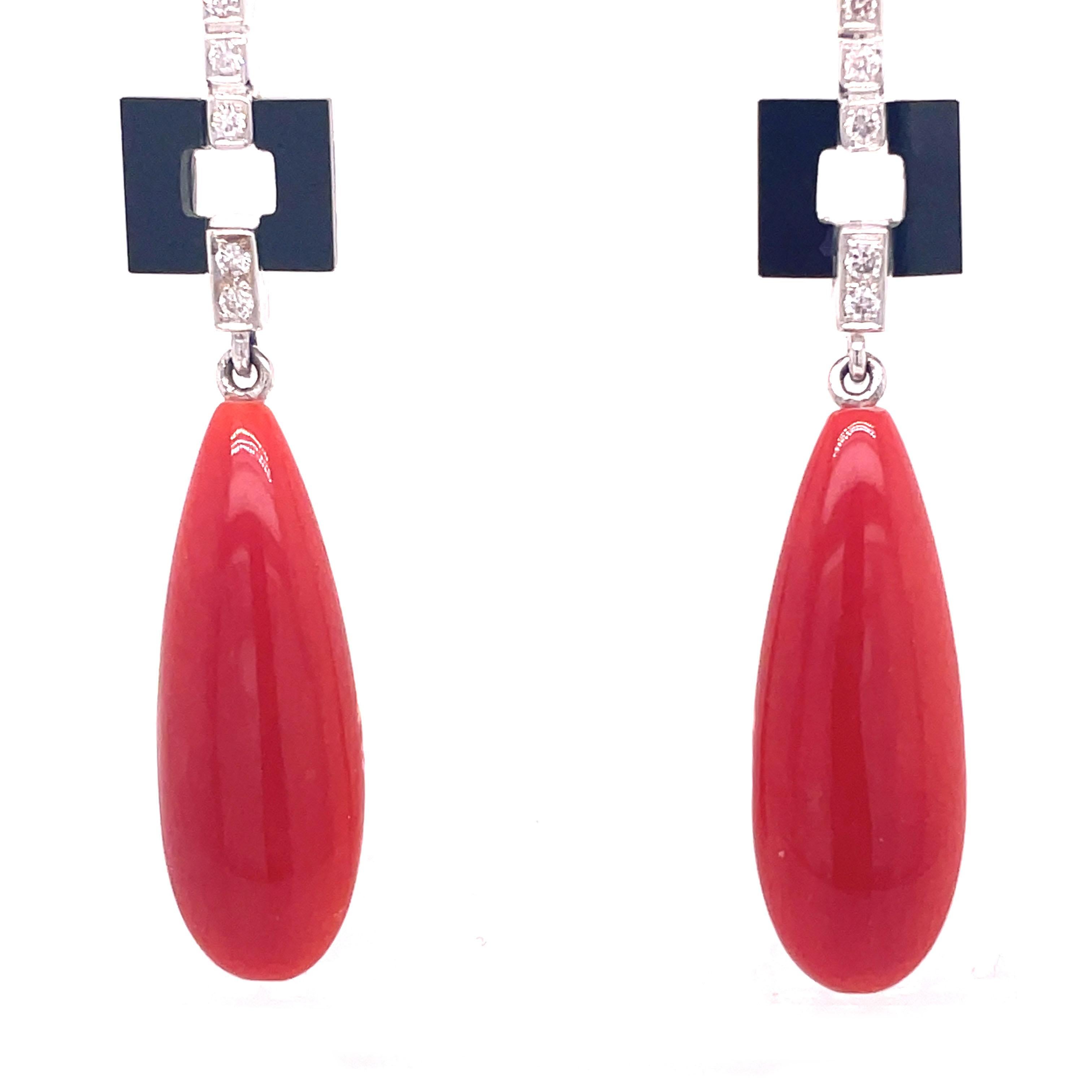 Round Cut 1960s Red Coral, Onyx and Diamond Articulated Earrings For Sale