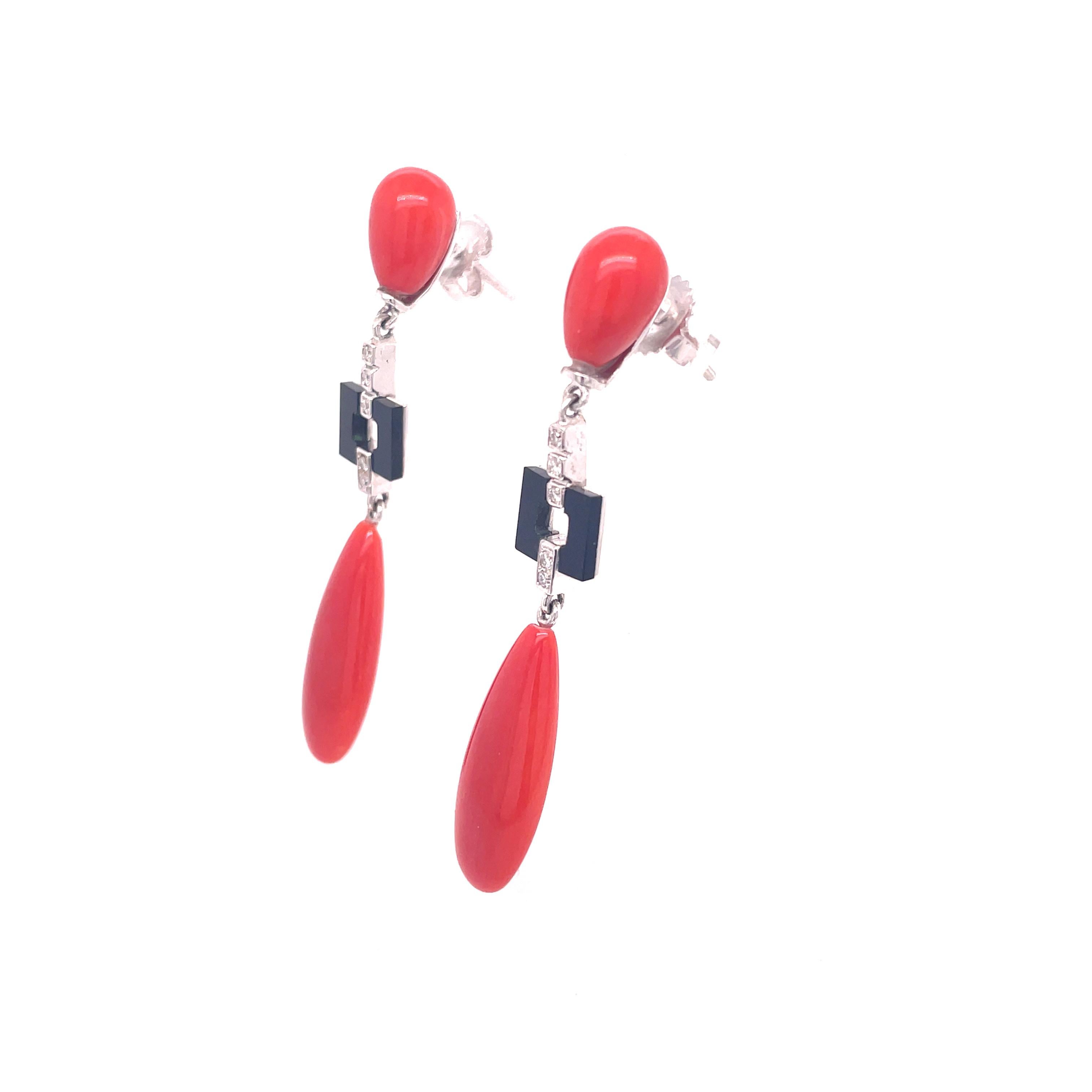 Women's 1960s Red Coral, Onyx and Diamond Articulated Earrings For Sale