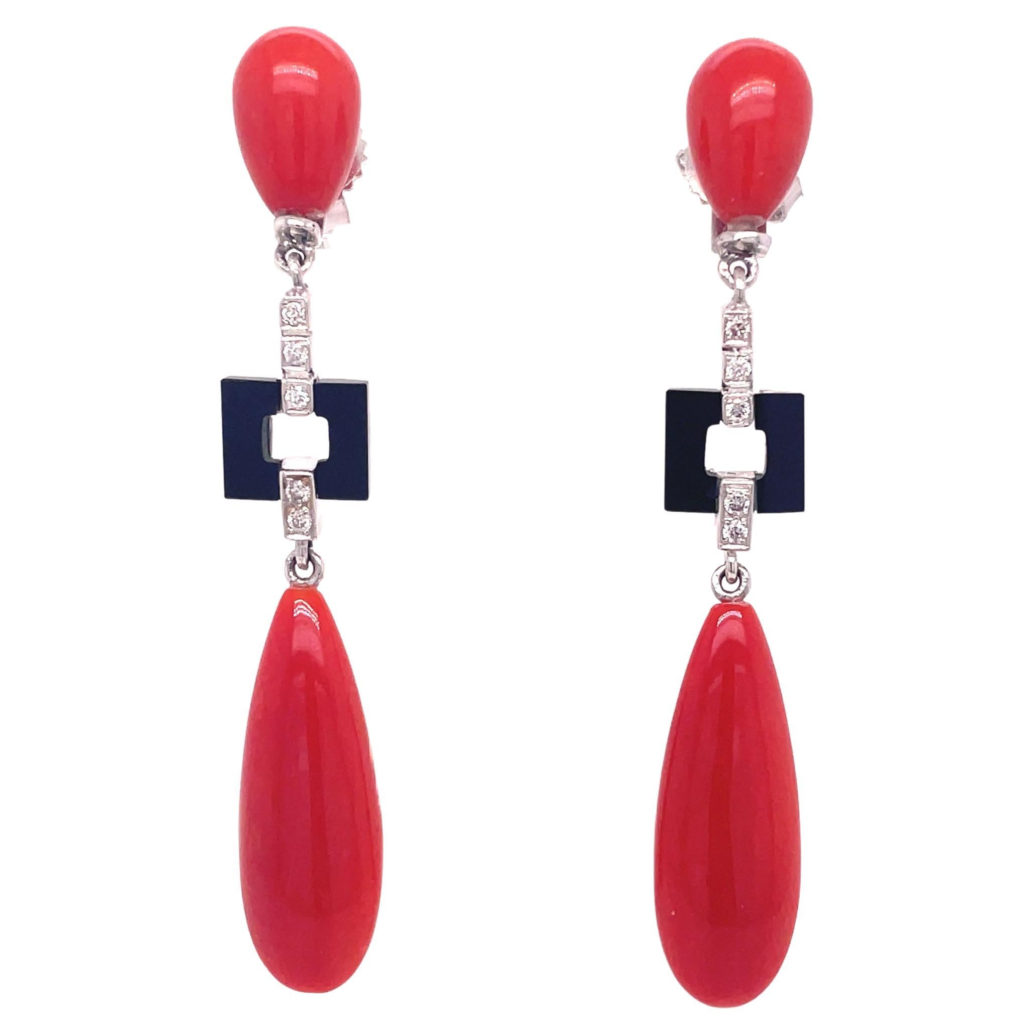 1960s Red Coral, Onyx and Diamond Articulated Earrings For Sale