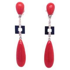 1960s Red Coral, Onyx and Diamond Articulated Earrings