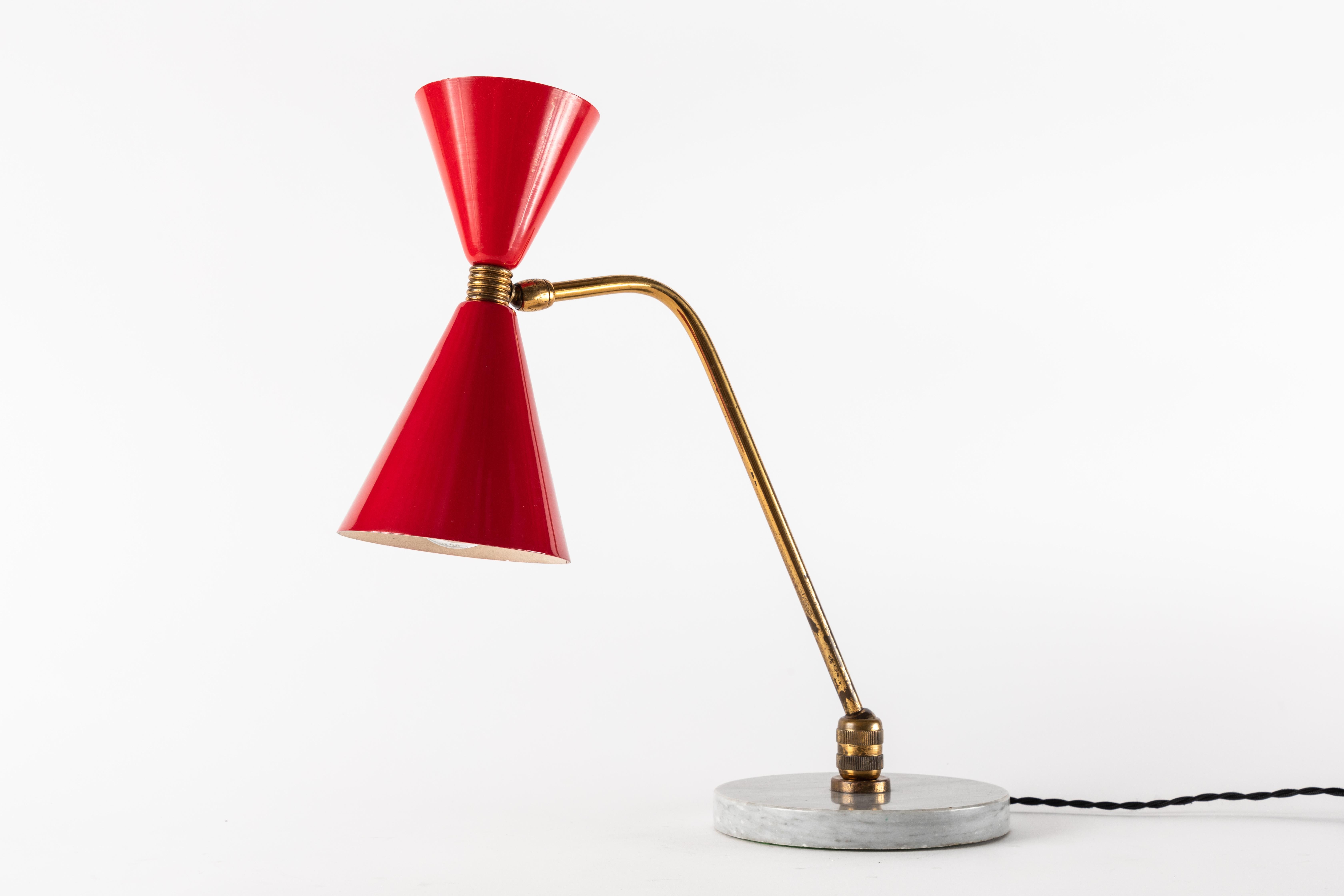 French 1960s Red Double-Cone Table Lamp in the Manner of Pierre Guariche