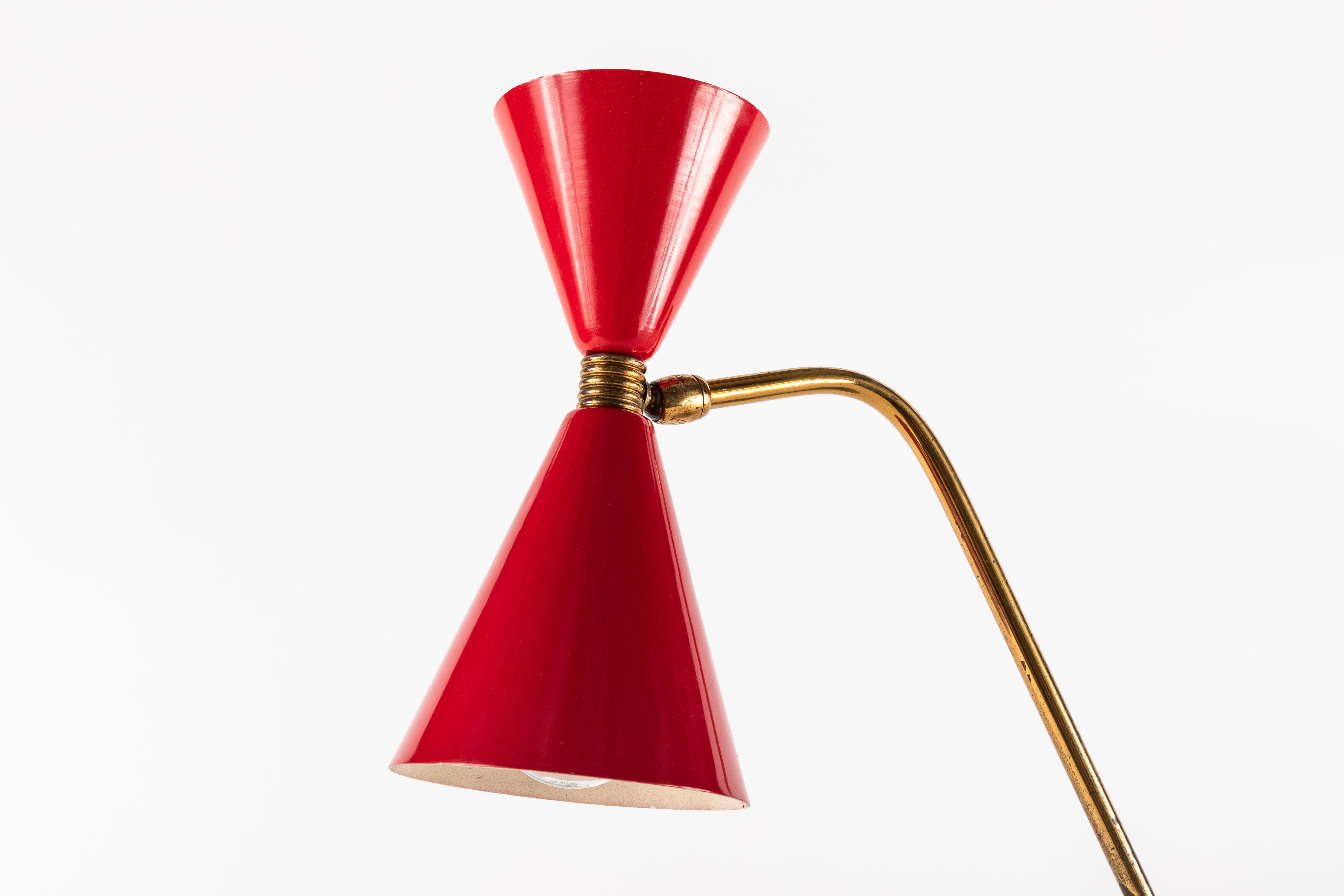 Brass 1960s Red Double-Cone Table Lamp in the Manner of Pierre Guariche