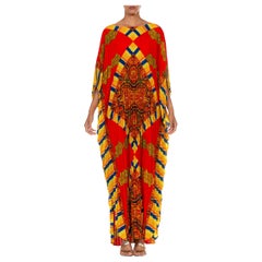 Vintage 1960S Red & Gold Poly/Cotton Pleated Paisley Print Kaftan