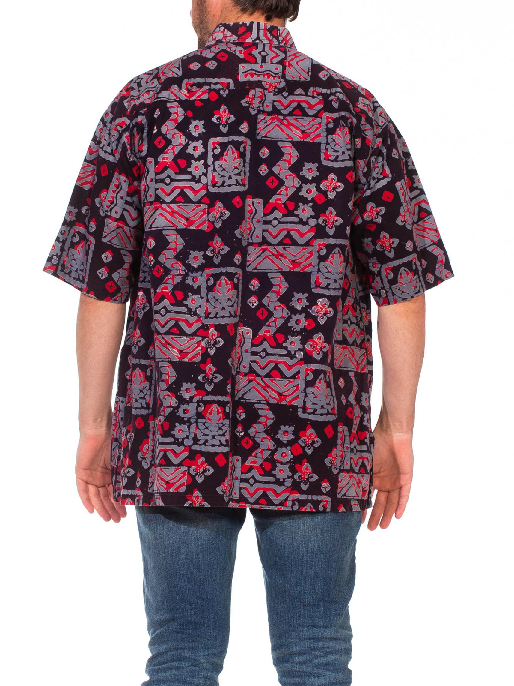 1960S Red & Grey Cotton Batik Men's Shirt For Sale 1