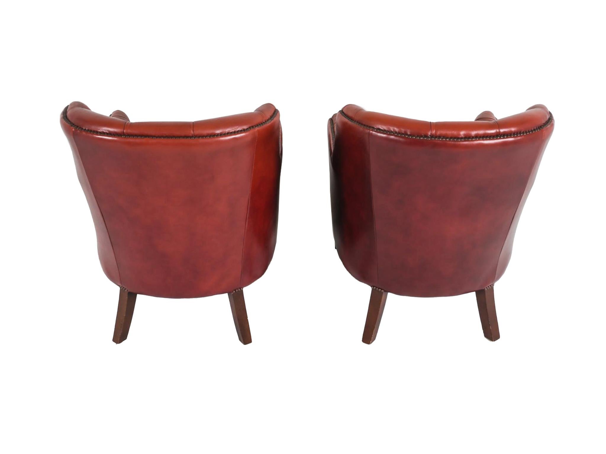 Scandinavian Modern 1960s Red Leather Danish Tufted Barrel Chairs - a Pair