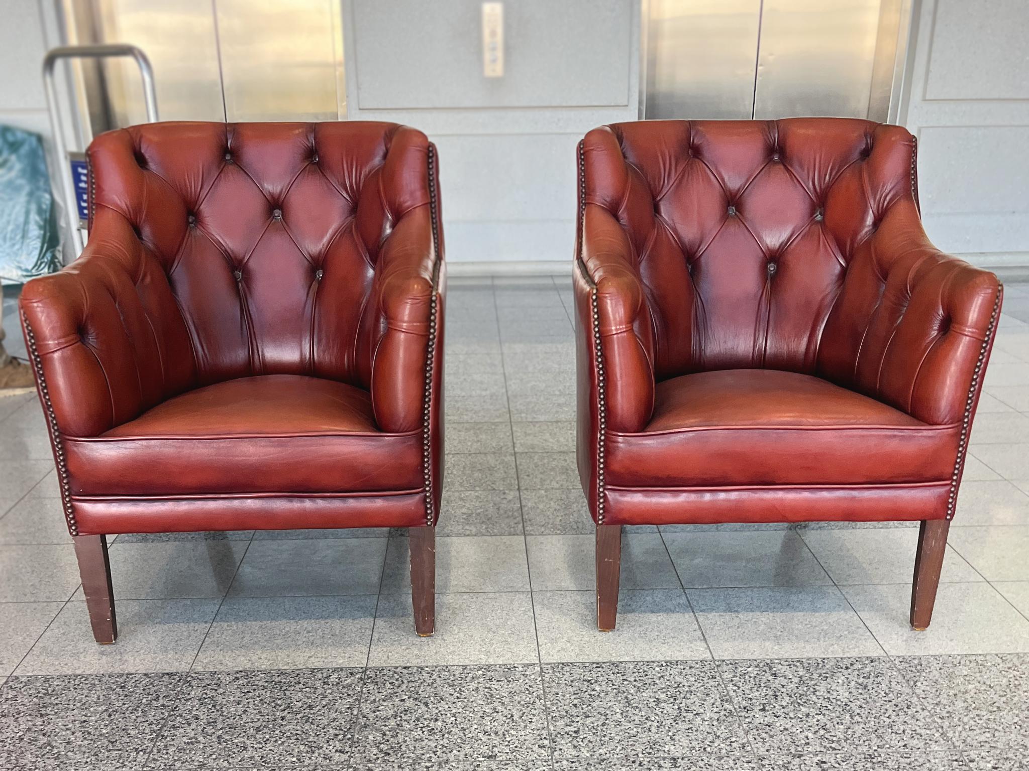 Hand-Crafted 1960s Red Leather Danish Tufted Barrel Chairs - a Pair