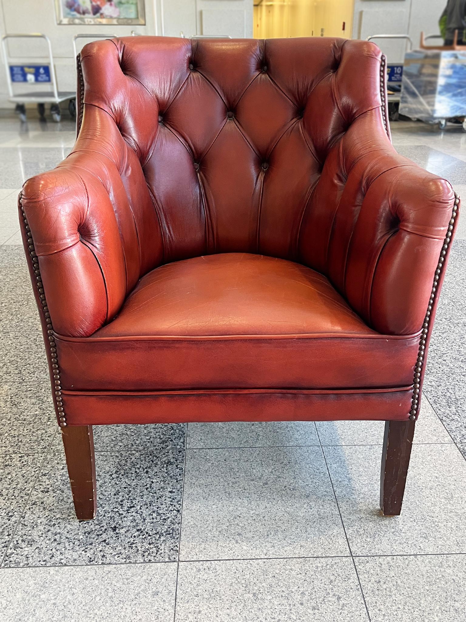 Mid-20th Century 1960s Red Leather Danish Tufted Barrel Chairs - a Pair