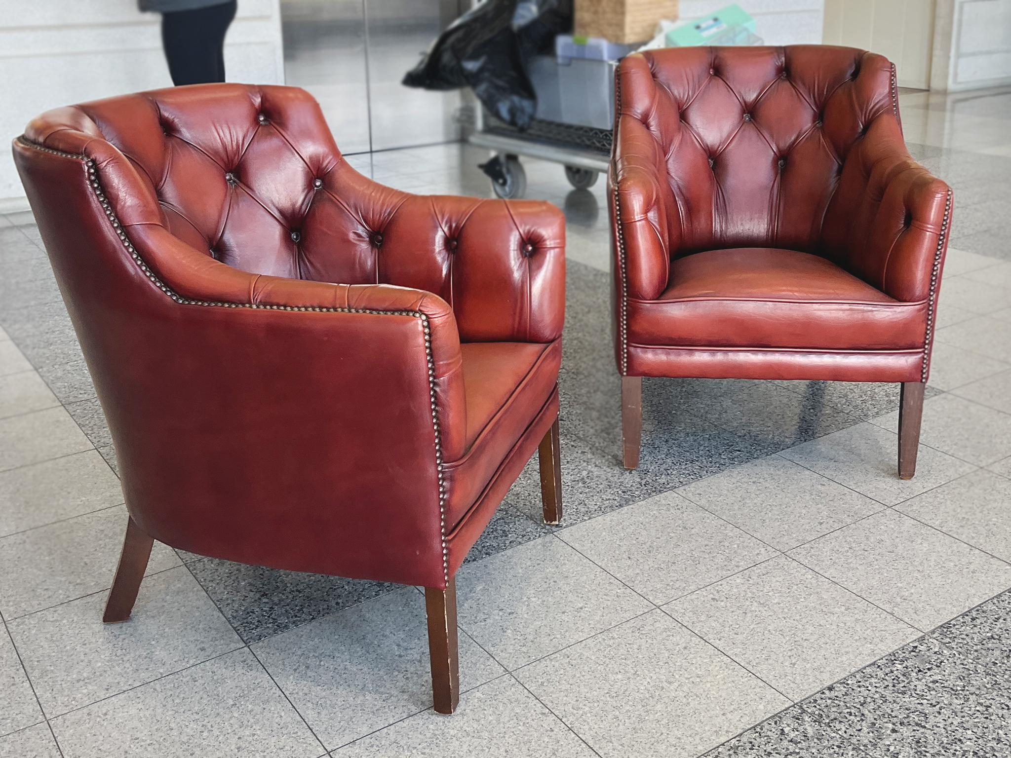 1960s Red Leather Danish Tufted Barrel Chairs - a Pair 2
