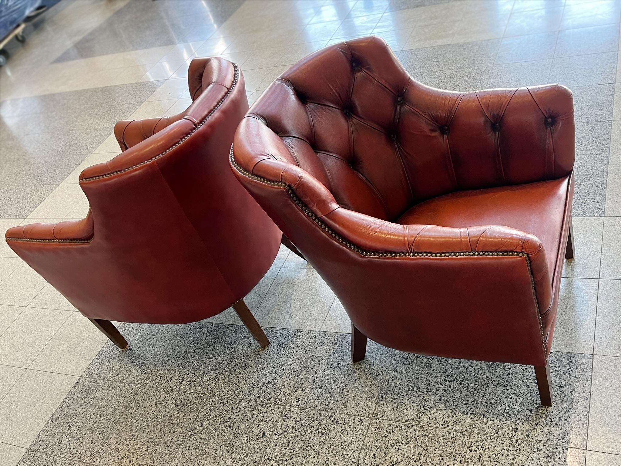 1960s Red Leather Danish Tufted Barrel Chairs - a Pair 3