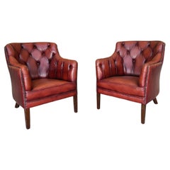 1960s Red Leather Danish Tufted Barrel Chairs - a Pair