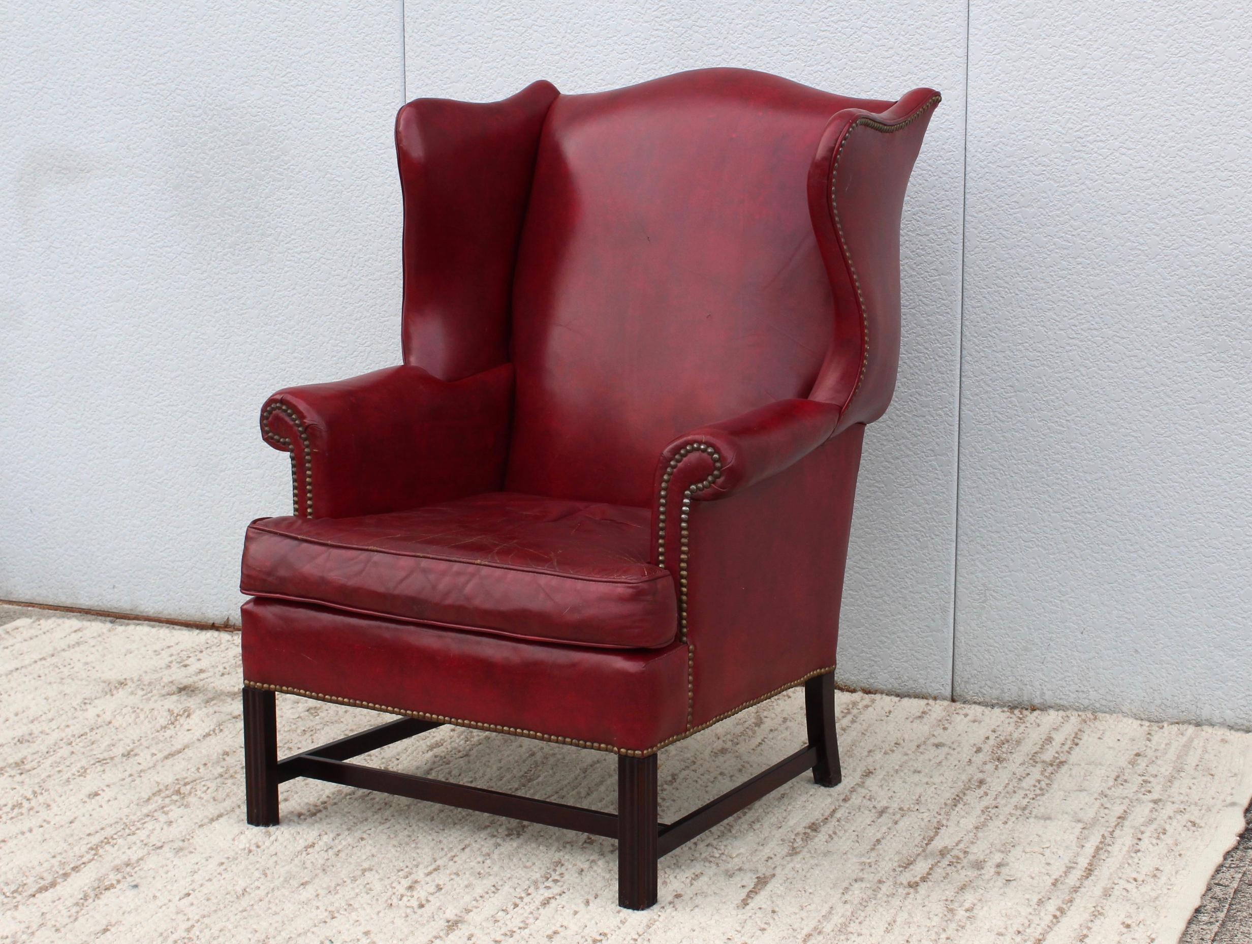 1960's Red Leather Wing-Back Chair and Ottoman by Hickory Chair 8