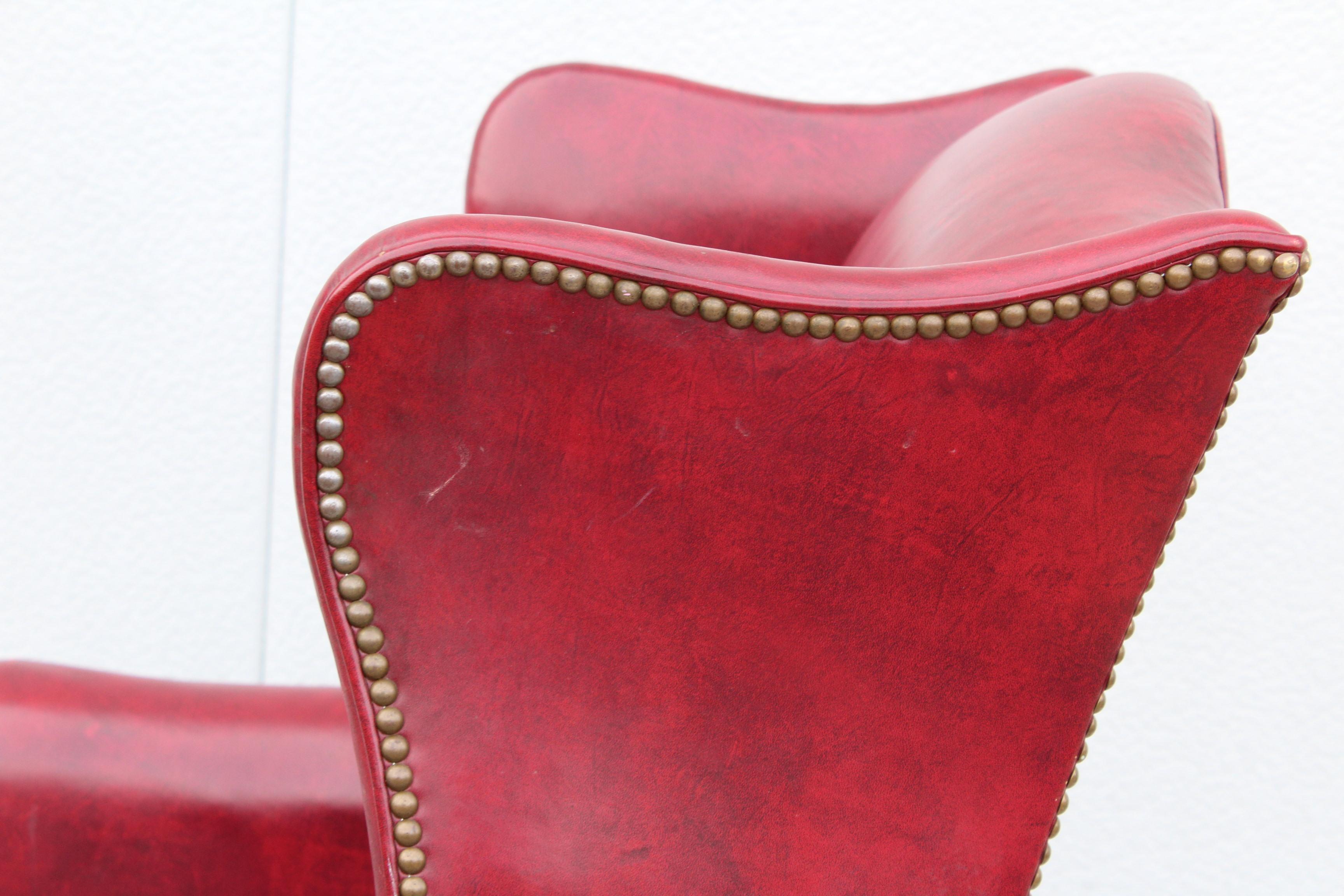 1960's Red Leather Wing-Back Chair and Ottoman by Hickory Chair 9
