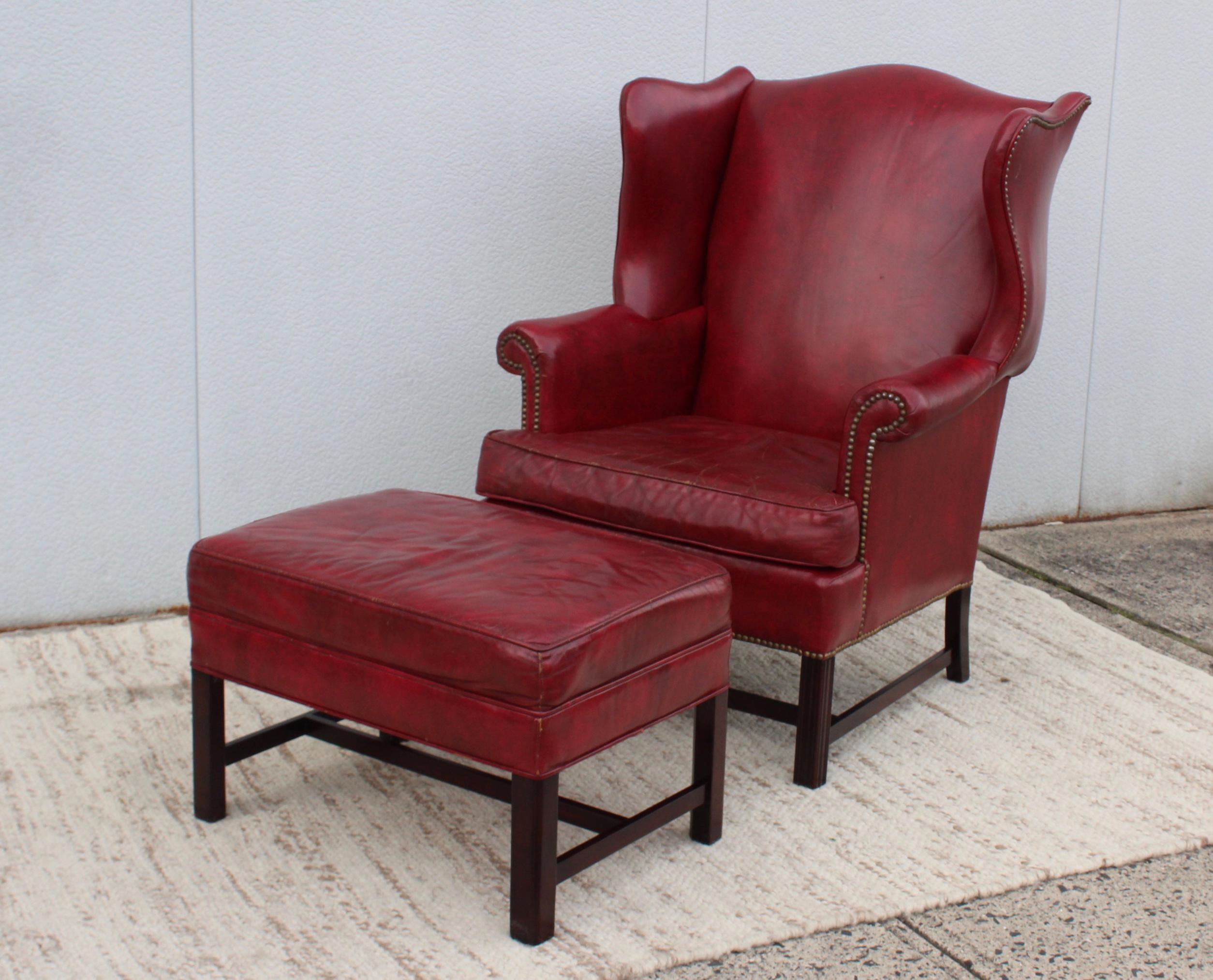 Mid-Century Modern 1960's Red Leather Wing-Back Chair and Ottoman by Hickory Chair