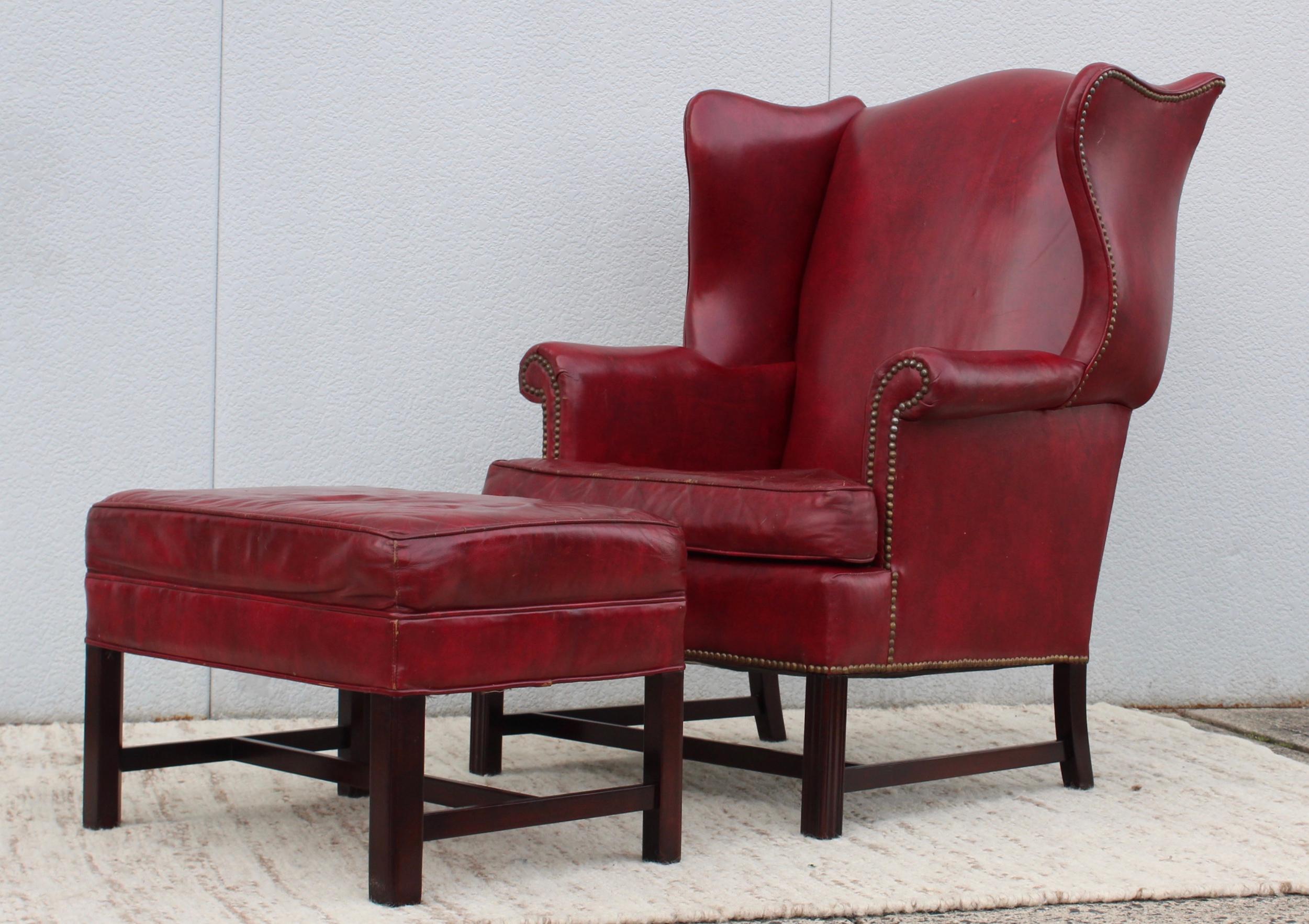 American 1960's Red Leather Wing-Back Chair and Ottoman by Hickory Chair