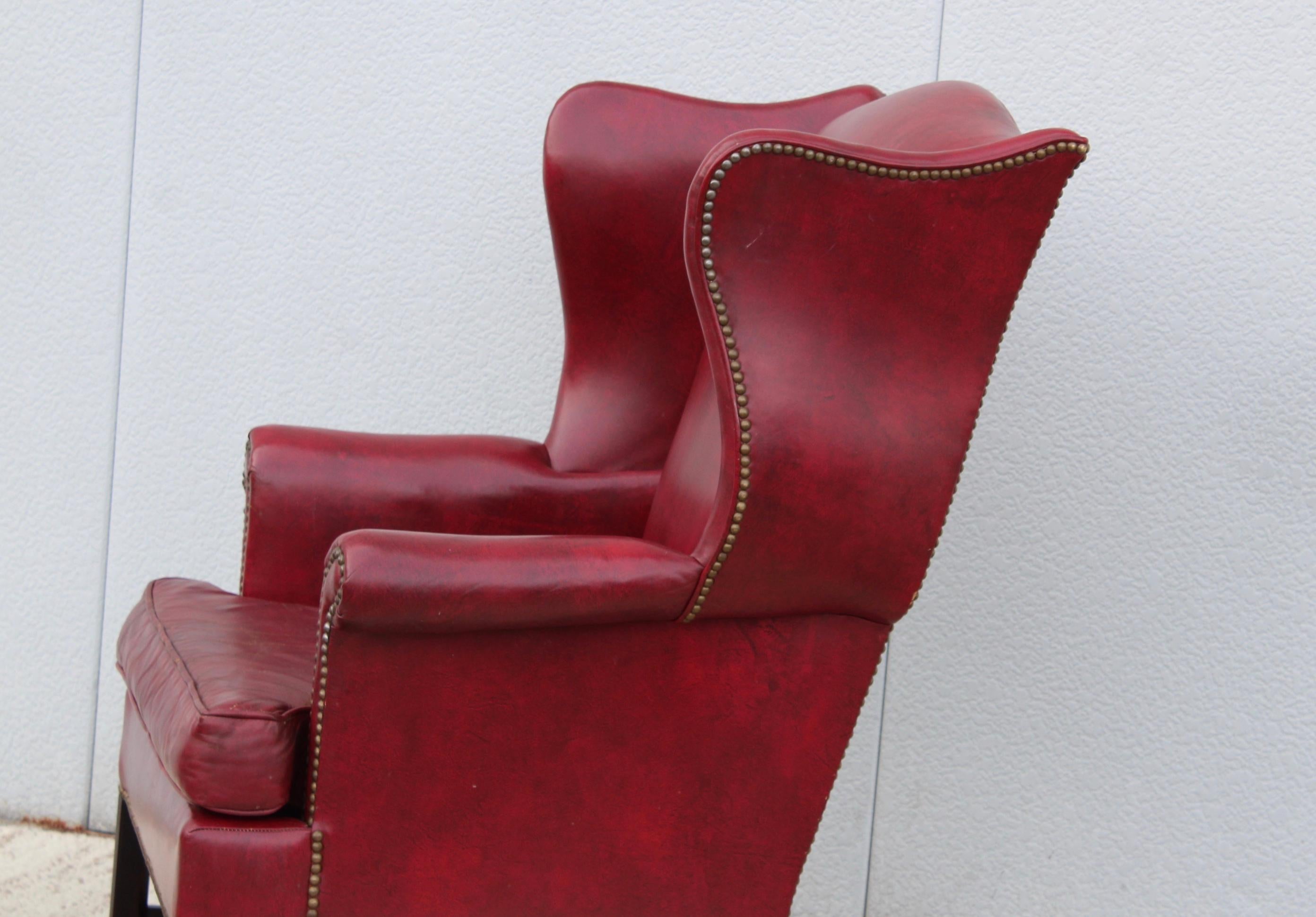 1960's Red Leather Wing-Back Chair and Ottoman by Hickory Chair In Good Condition In New York, NY