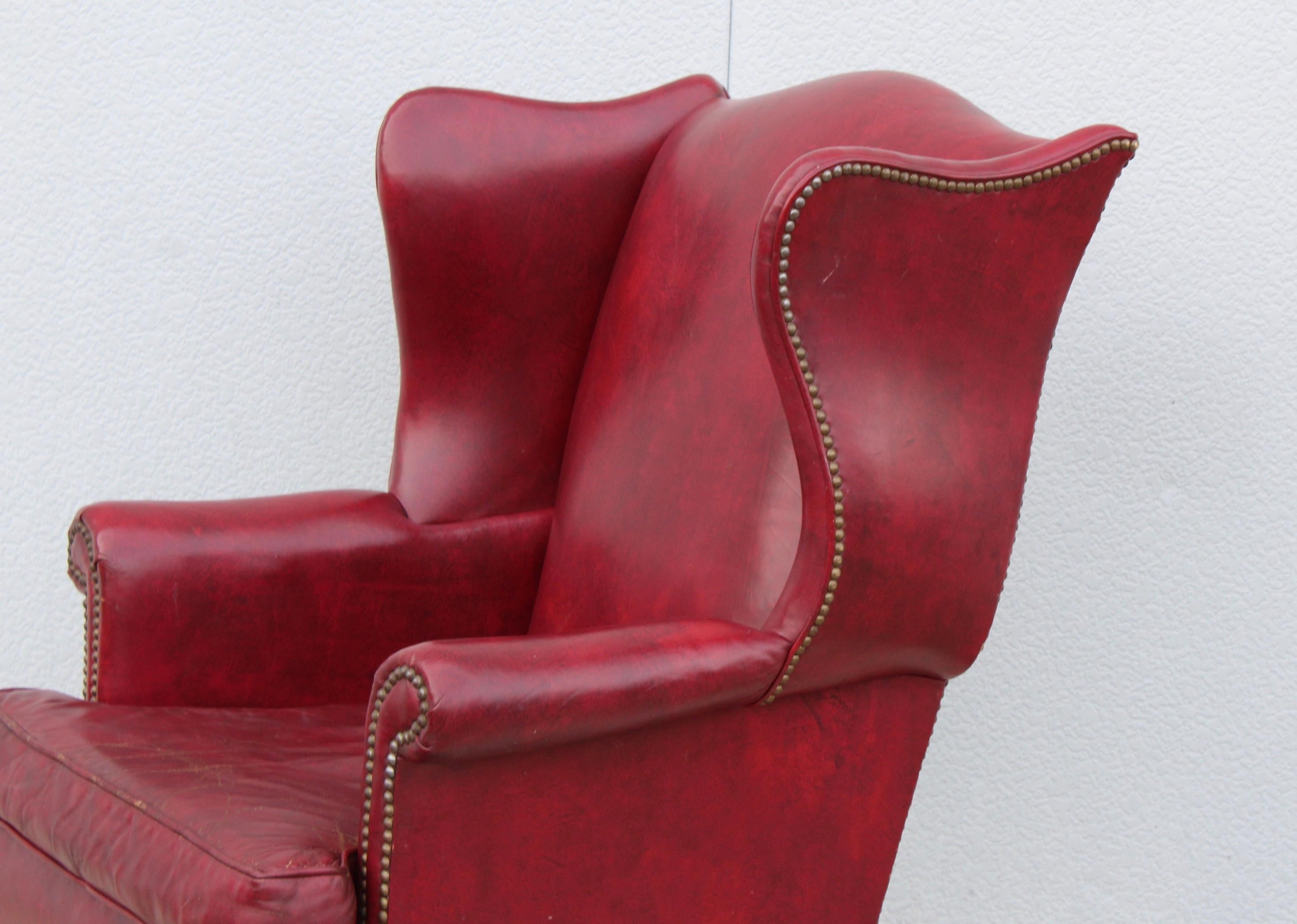 Mid-20th Century 1960's Red Leather Wing-Back Chair and Ottoman by Hickory Chair