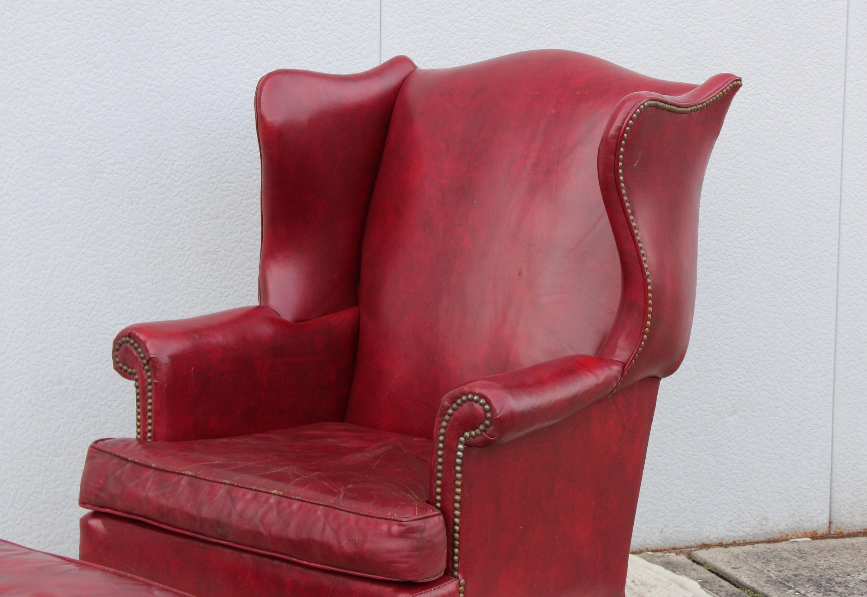 Brass 1960's Red Leather Wing-Back Chair and Ottoman by Hickory Chair