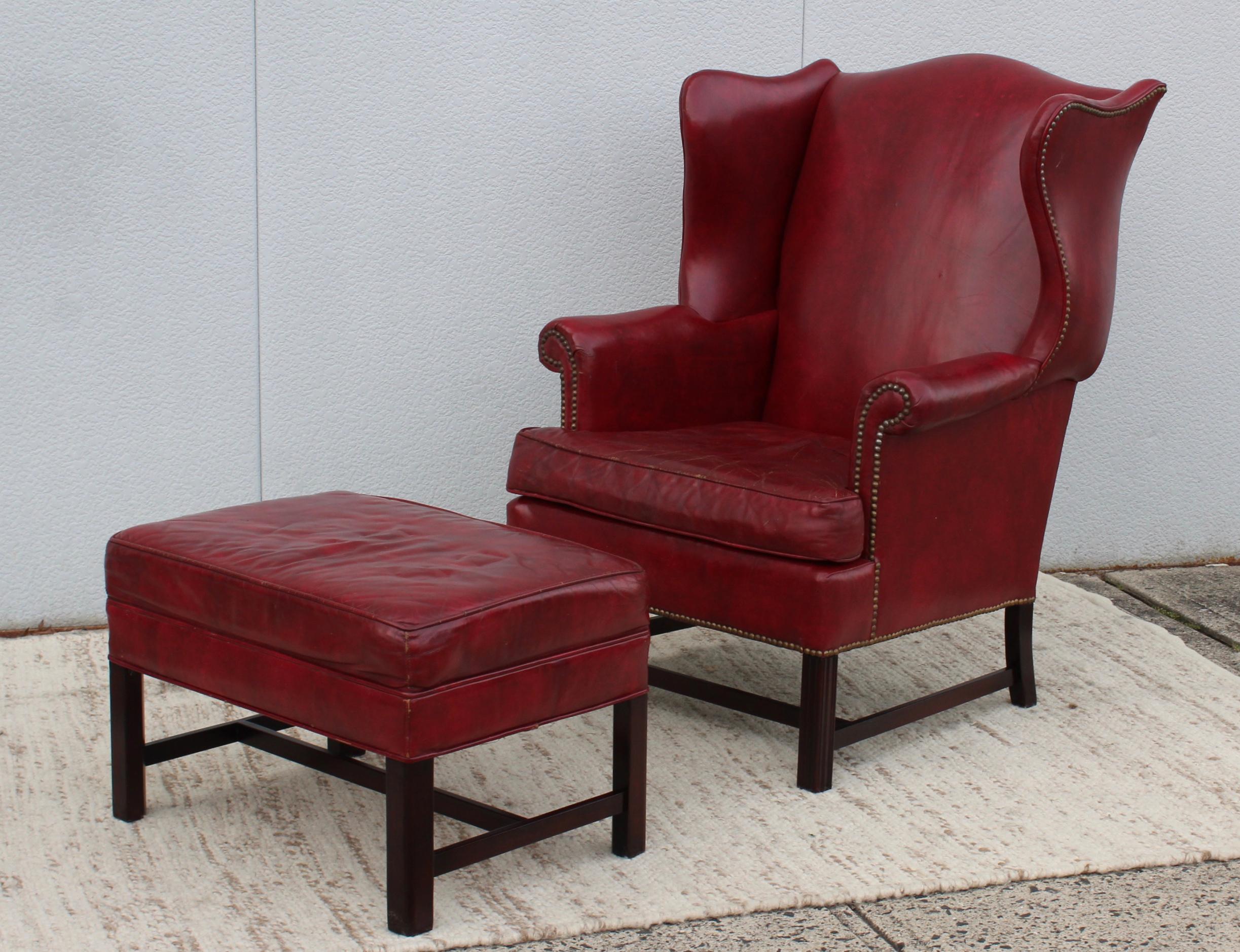1960's Red Leather Wing-Back Chair and Ottoman by Hickory Chair 1