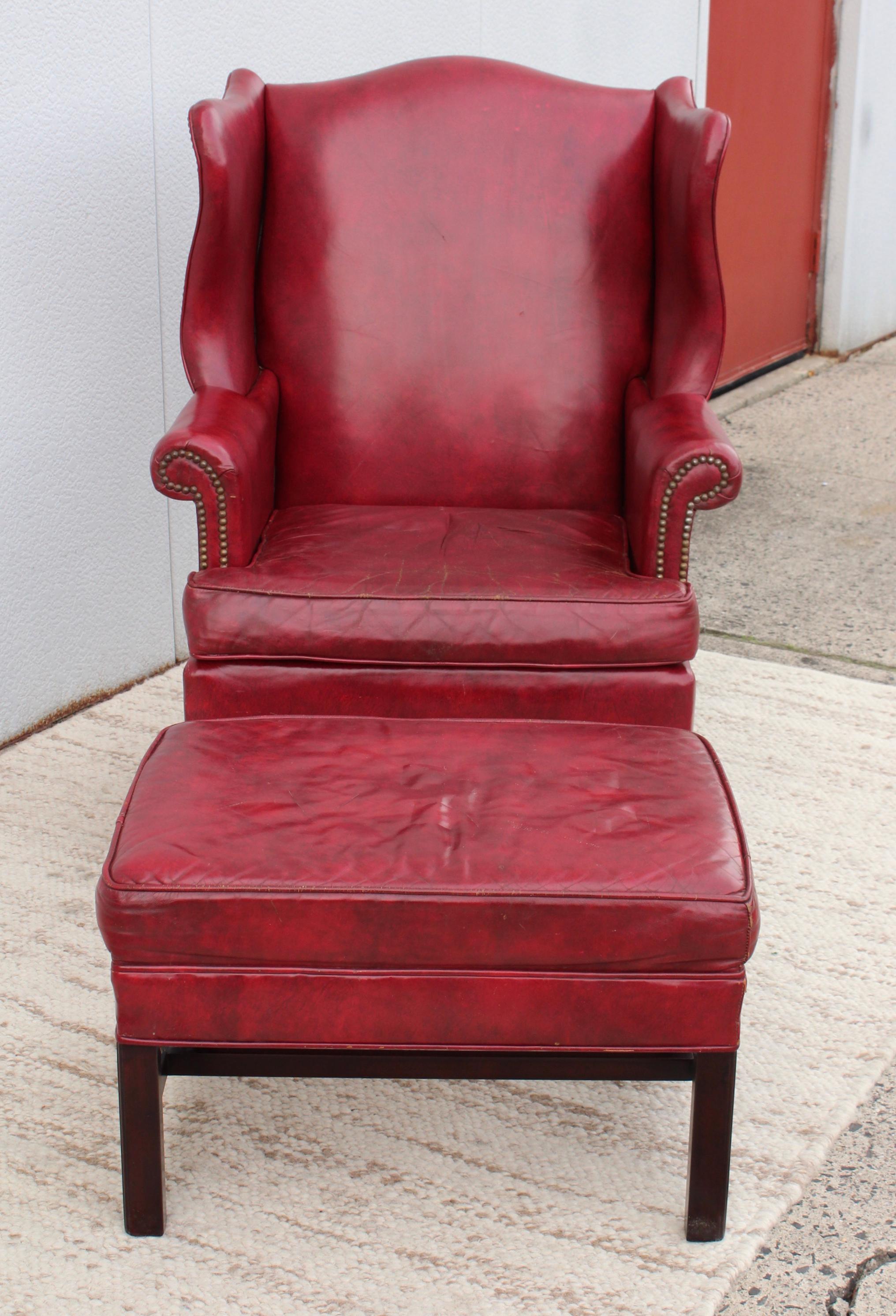 1960's Red Leather Wing-Back Chair and Ottoman by Hickory Chair 2