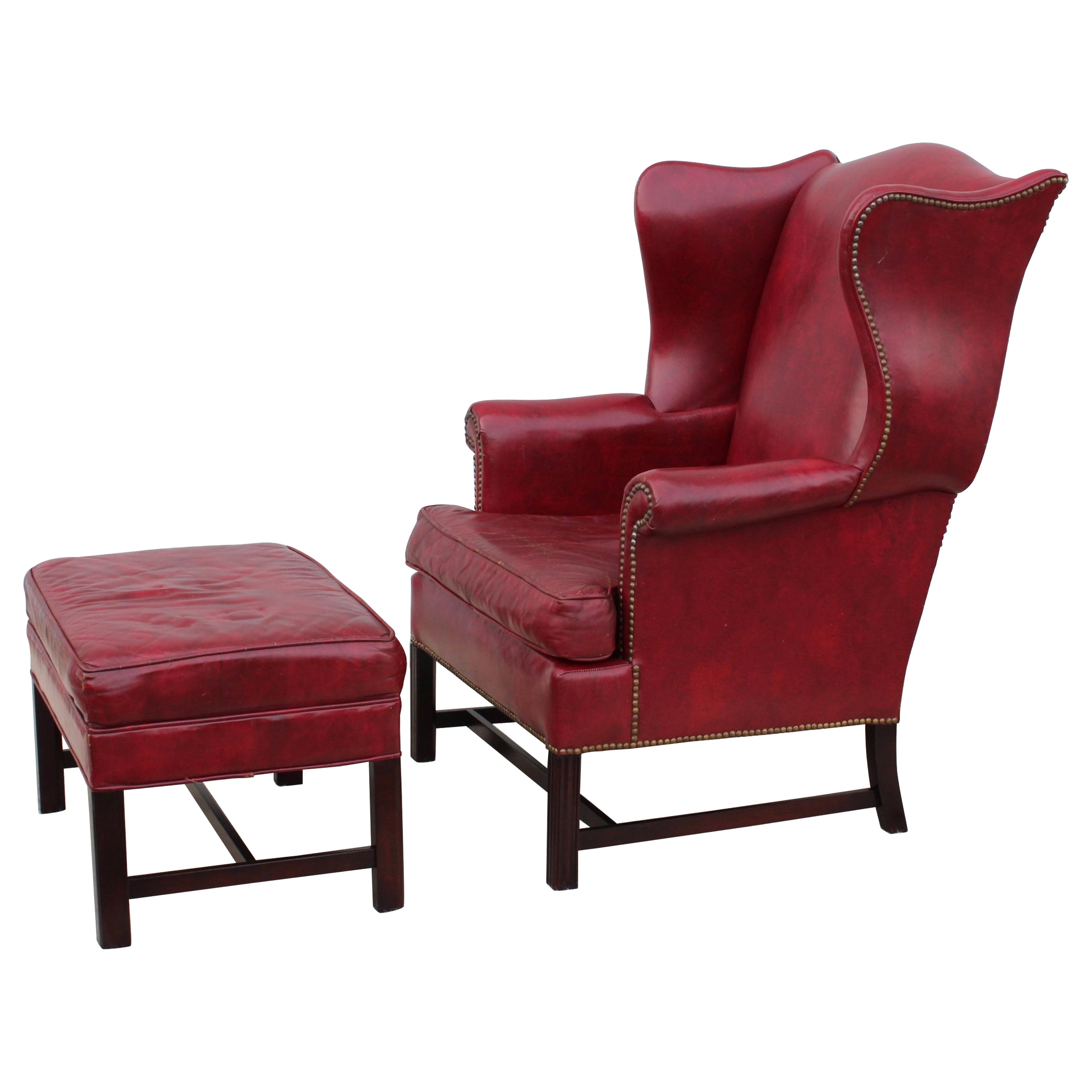 1960
s Red Leather Wing-Back Chair and Ottoman by Hickory Chair