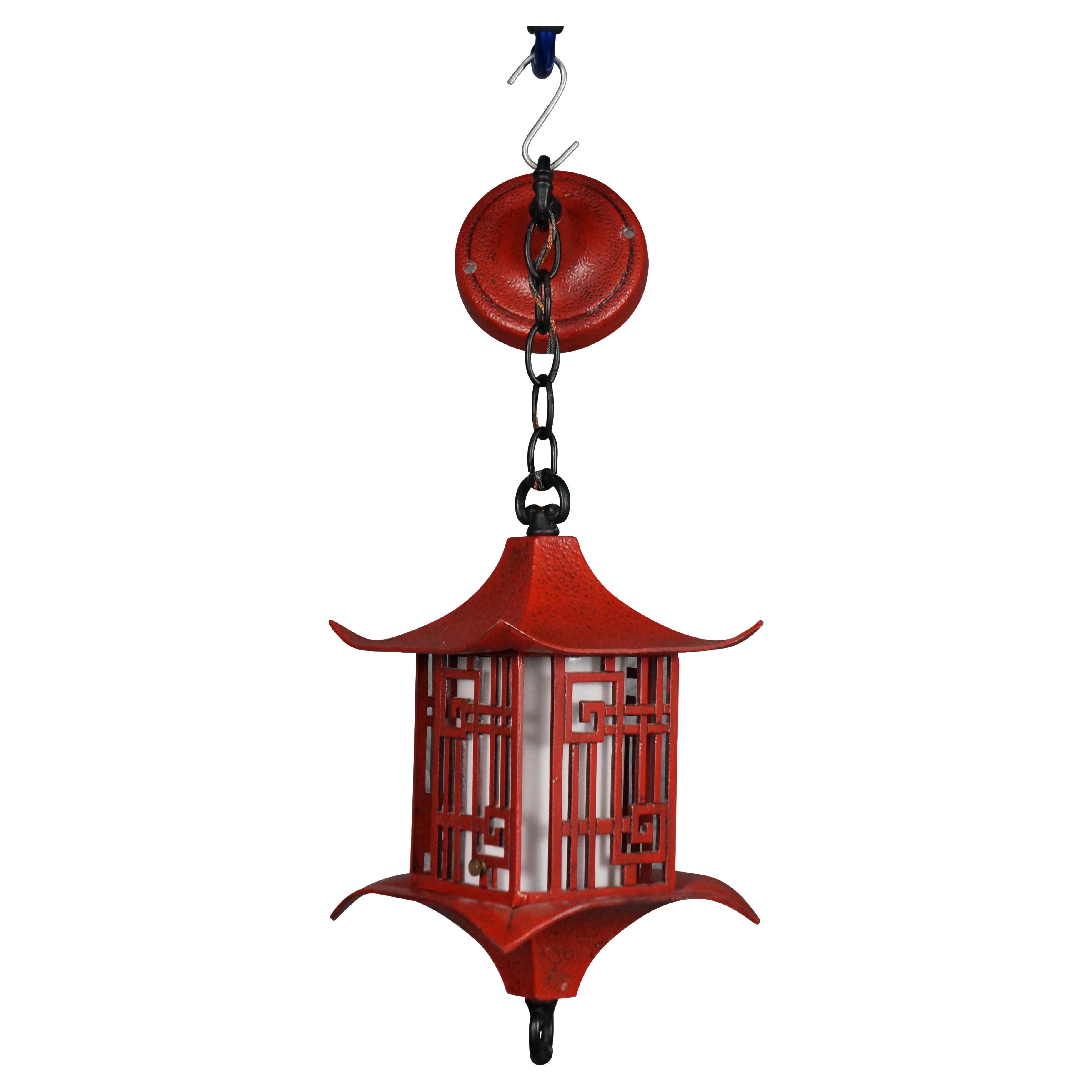 1960s Red Metal Chinoiserie Chinese Pagoda Hanging Lantern Pendant Light