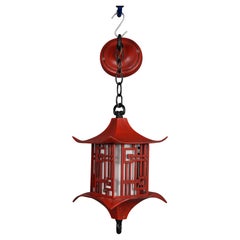 1960s Red Metal Chinoiserie Chinese Pagoda Hanging Lantern Pendant Light