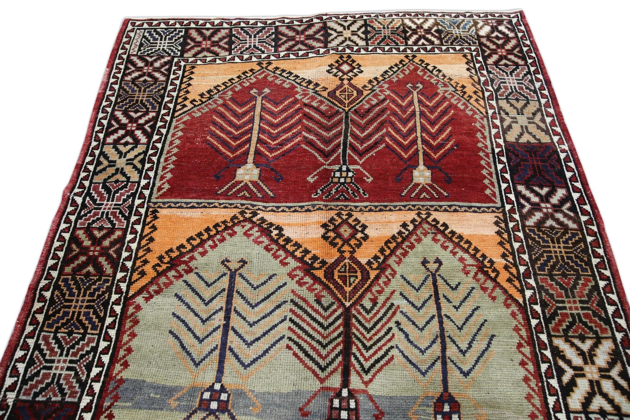 Laine Tapis de couloir turc Oushak multicolore rouge des années 1960 5'7