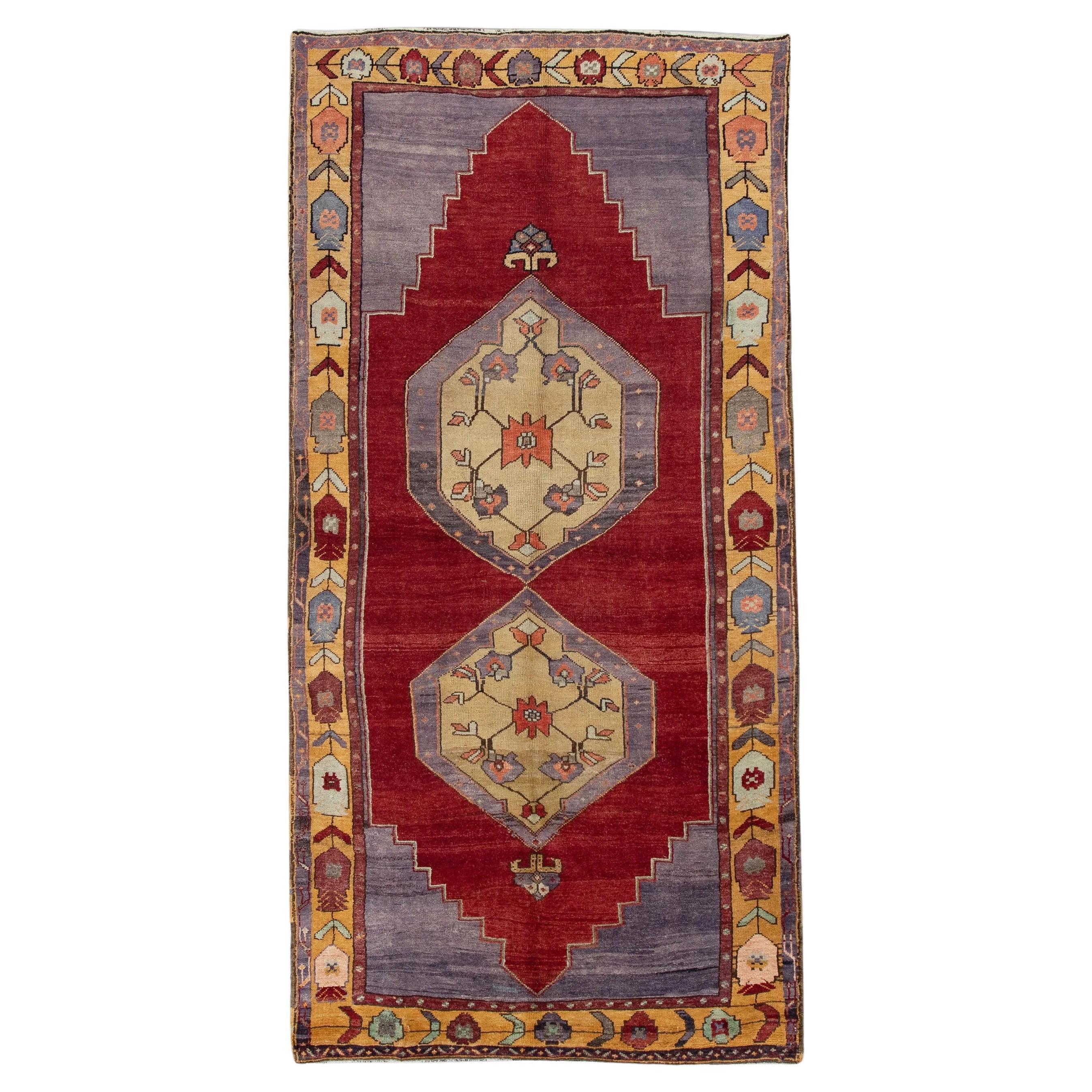 1960er Jahre Rot Multicolor Vintage Türkisch Teppich 4'11" x 9'2"