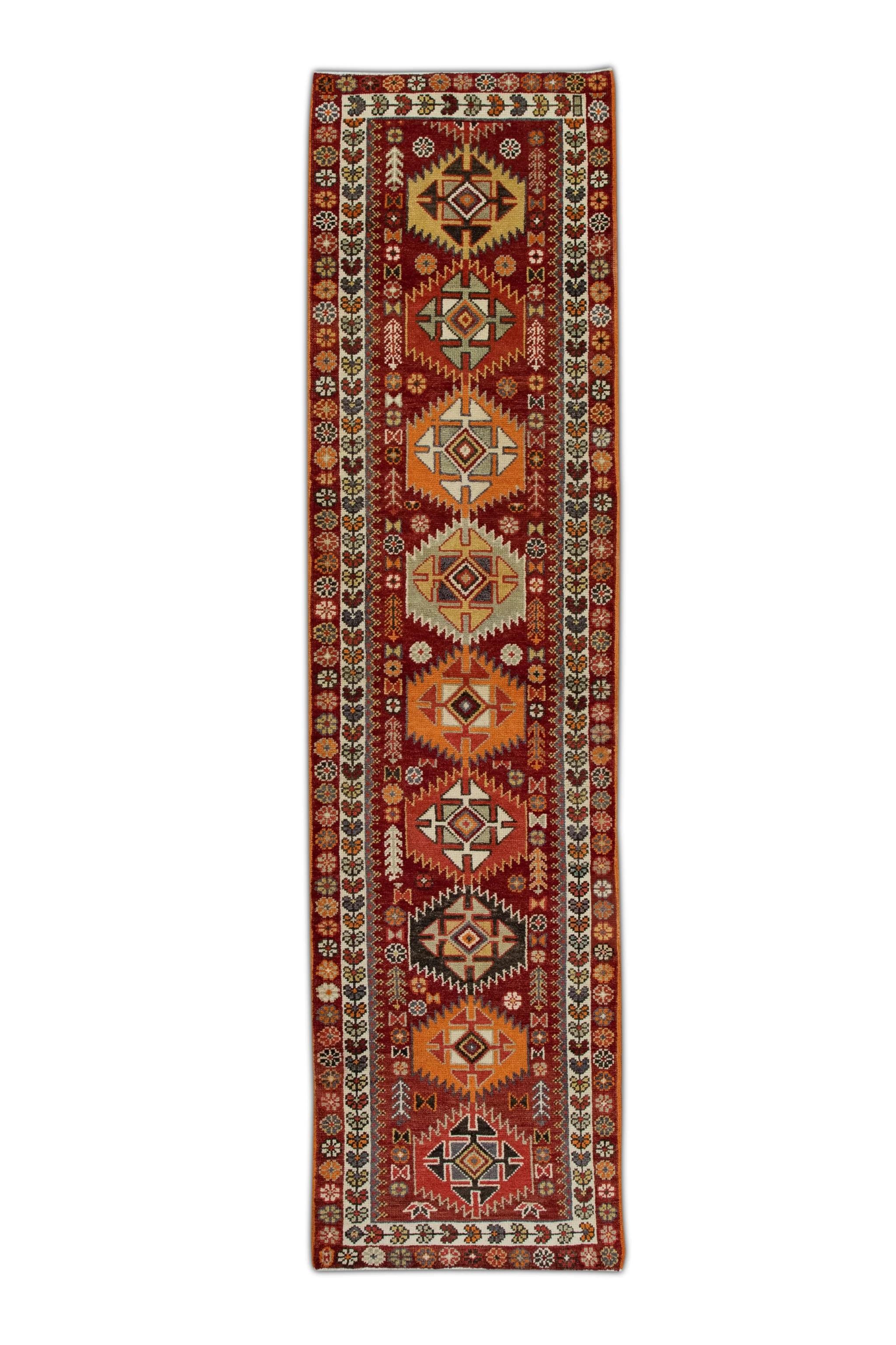 Tapis de couloir turc vintage multicolore rouge des années 1960, 3'2