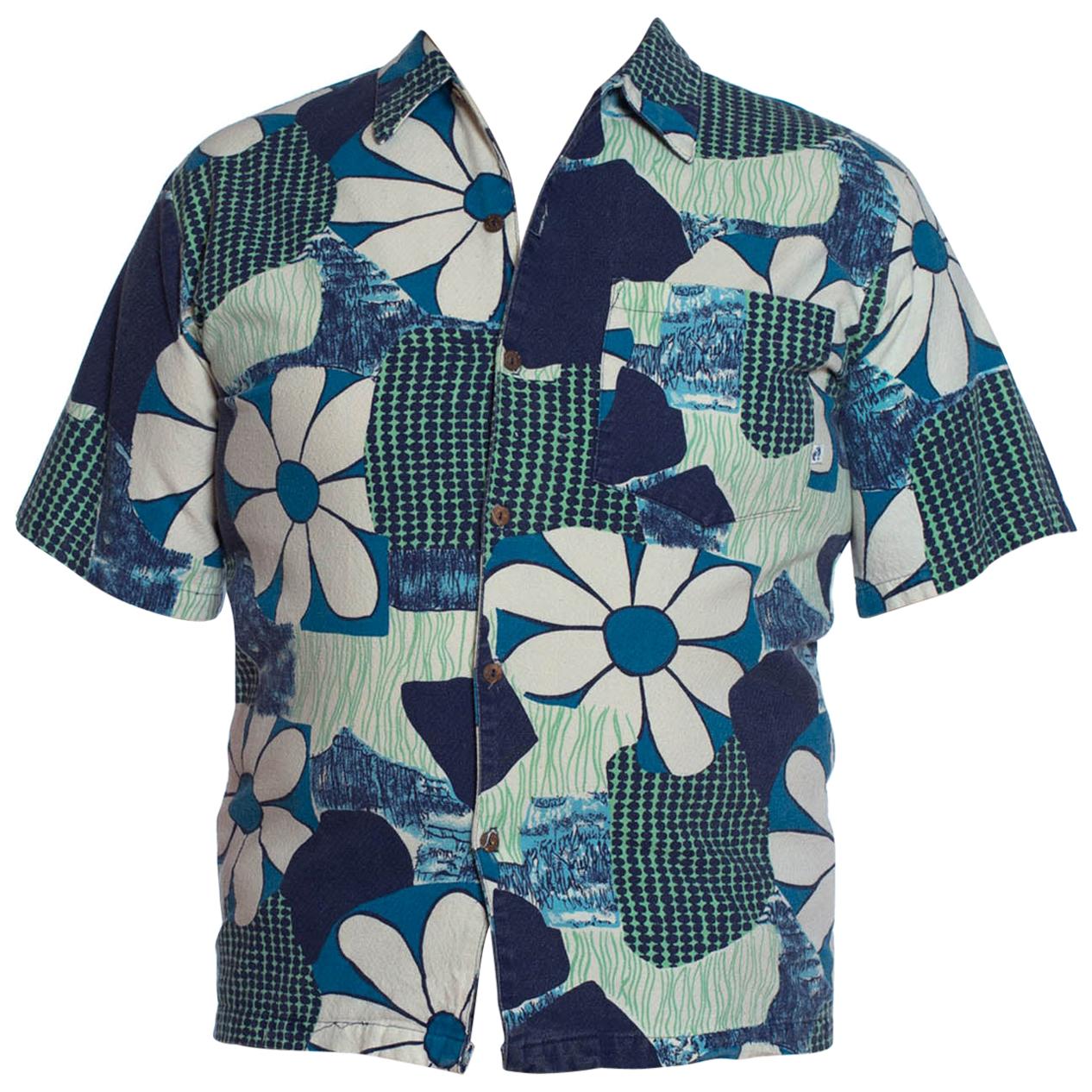 1960S Blue & White Cotton Tropical Mod Men’S Shirt