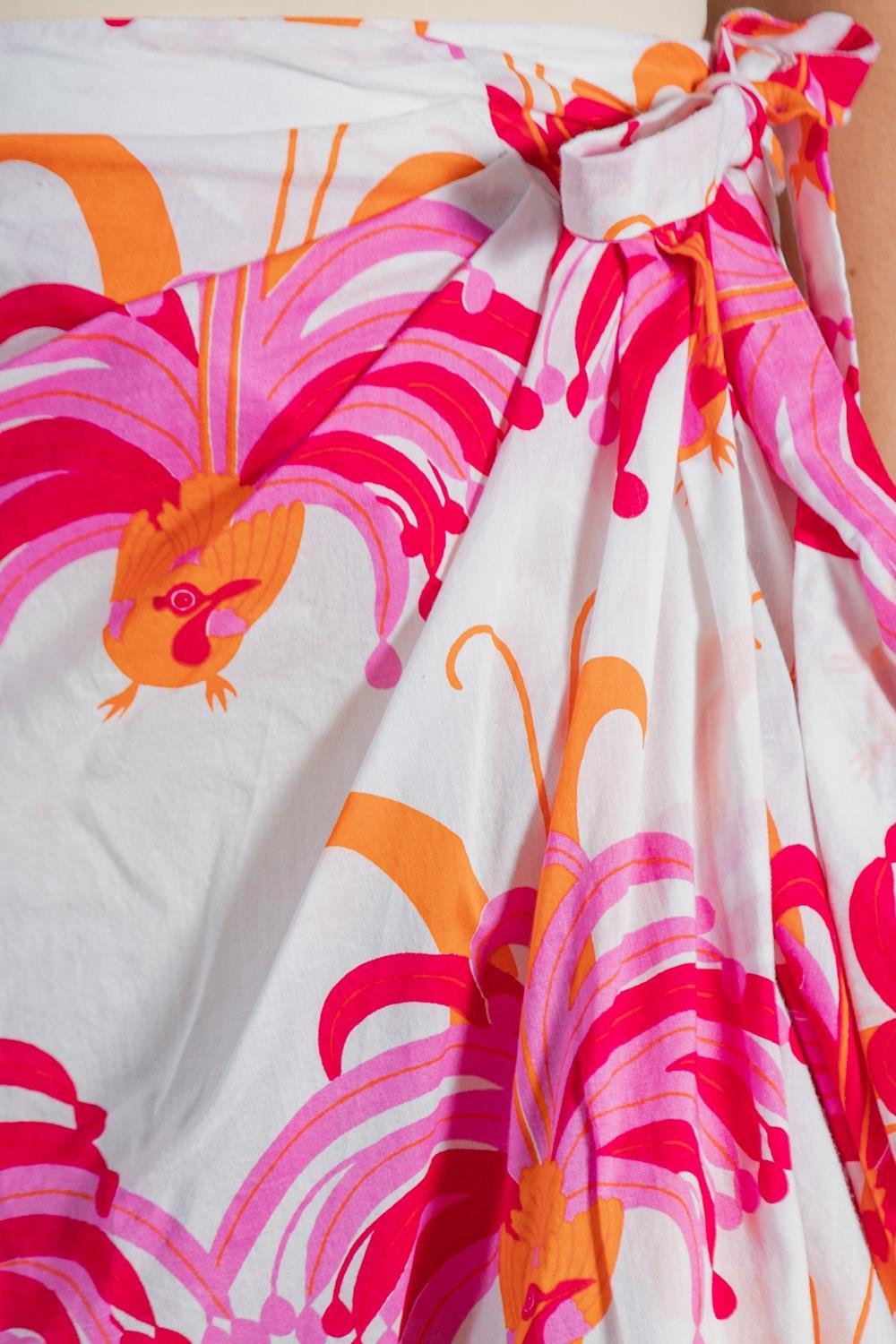 1960S Red & Pink  Cotton Tropical Peacock Print Wrap Skirt For Sale 6
