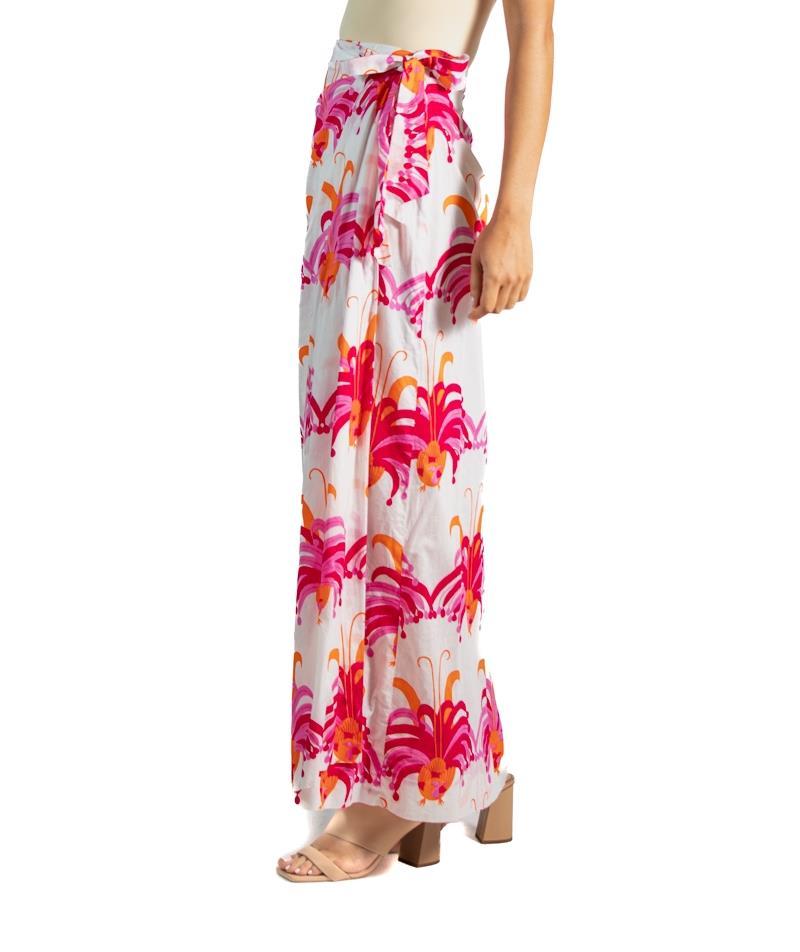 Beige 1960S Red & Pink  Cotton Tropical Peacock Print Wrap Skirt For Sale