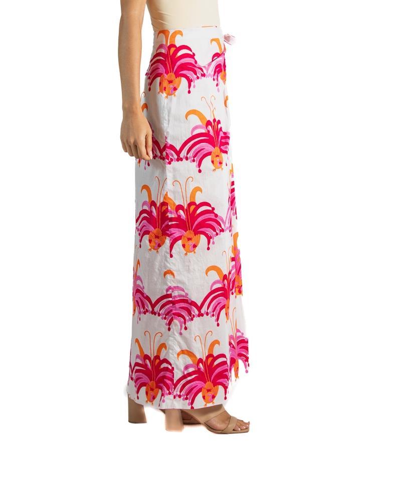 1960S Red & Pink  Cotton Tropical Peacock Print Wrap Skirt For Sale 1