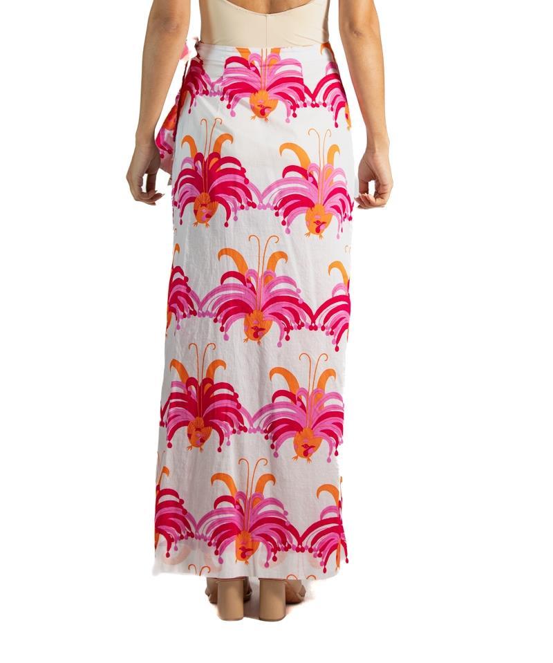 1960S Red & Pink  Cotton Tropical Peacock Print Wrap Skirt For Sale 2