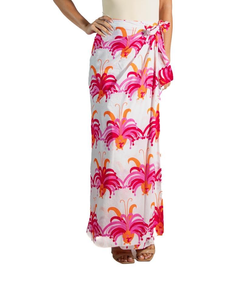 1960S Red & Pink  Cotton Tropical Peacock Print Wrap Skirt For Sale 3