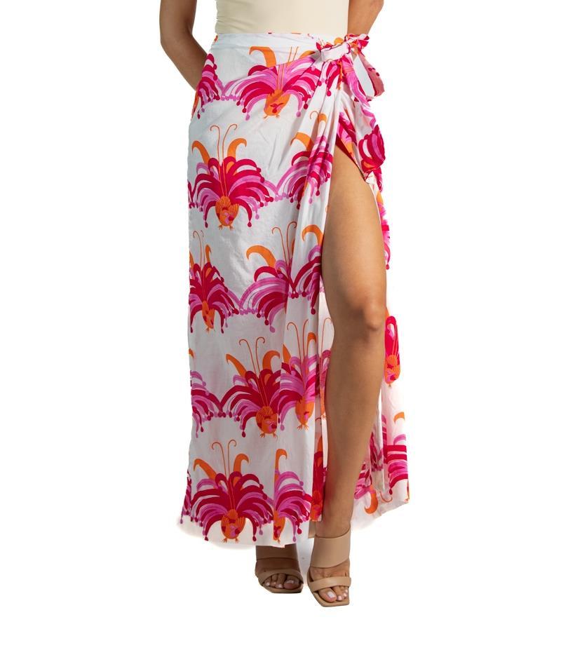 1960S Red & Pink  Cotton Tropical Peacock Print Wrap Skirt For Sale 4