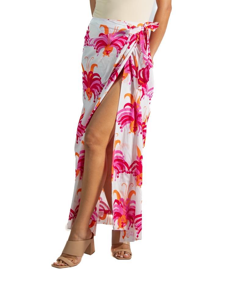 1960S Red & Pink  Cotton Tropical Peacock Print Wrap Skirt For Sale 5