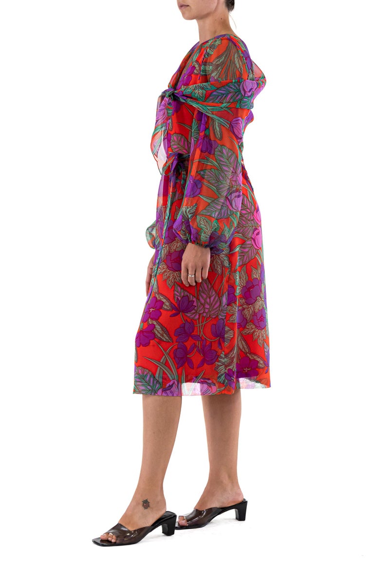 1960S Red Polyester Chiffon Purple Flower Print Dress With Sash For ...