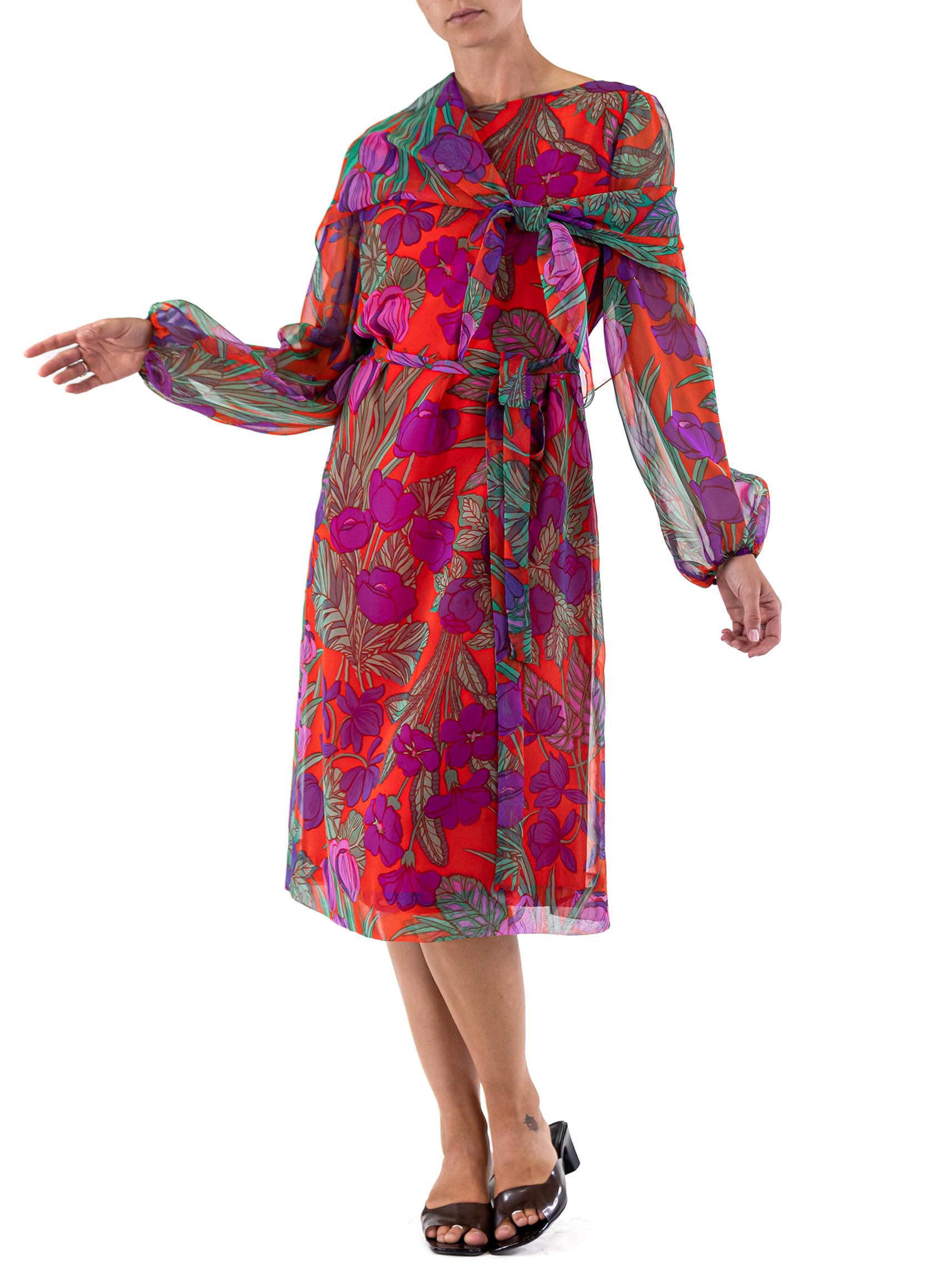 Women's 1960S Red Polyester Chiffon Purple Flower Print Dress With Sash For Sale