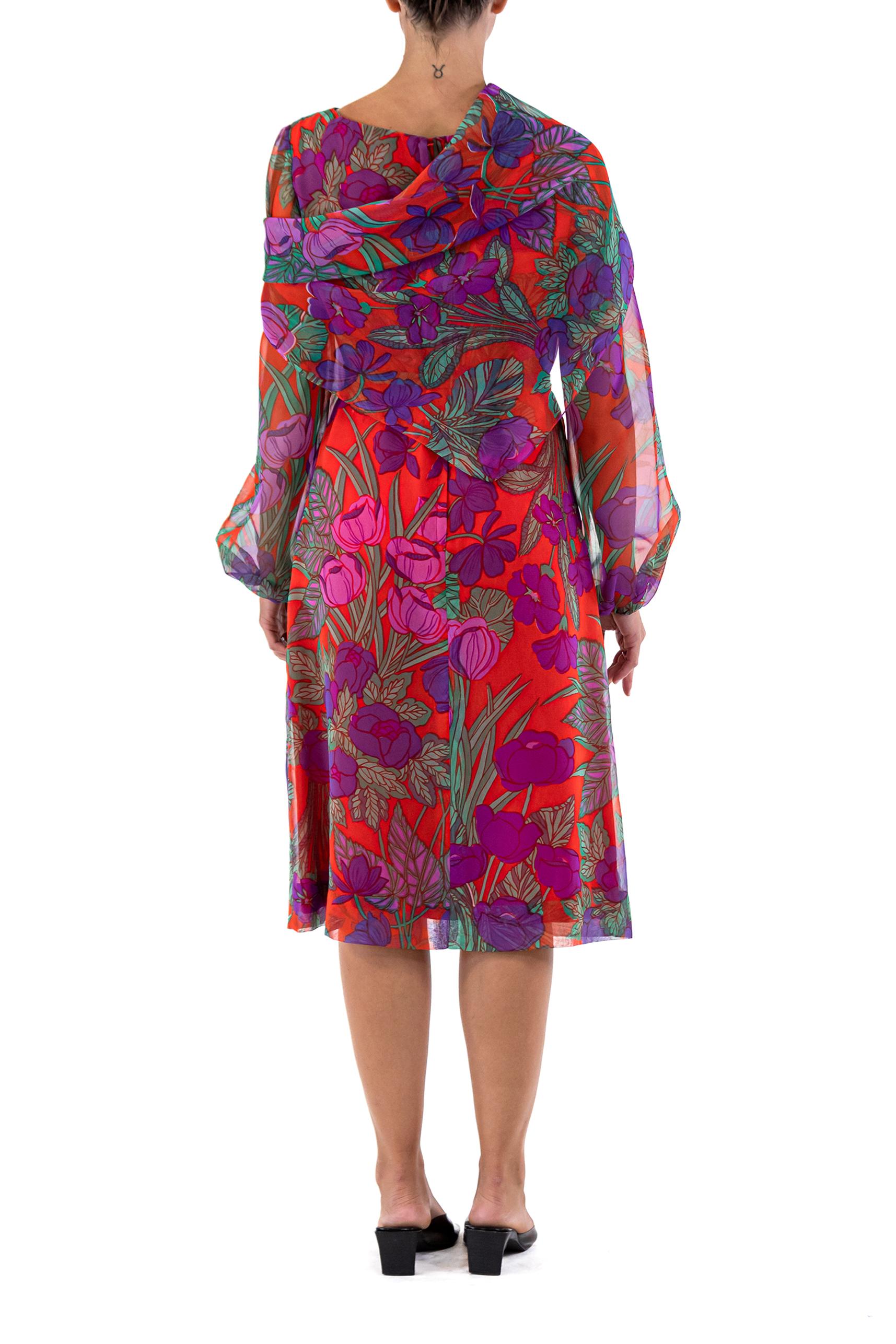 1960S Red Polyester Chiffon Purple Flower Print Dress With Sash For Sale 4