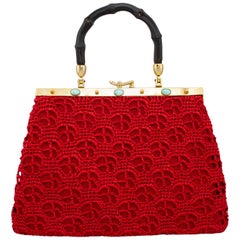 1960's Red Raffia & Linen Bag with Bamboo Handle 