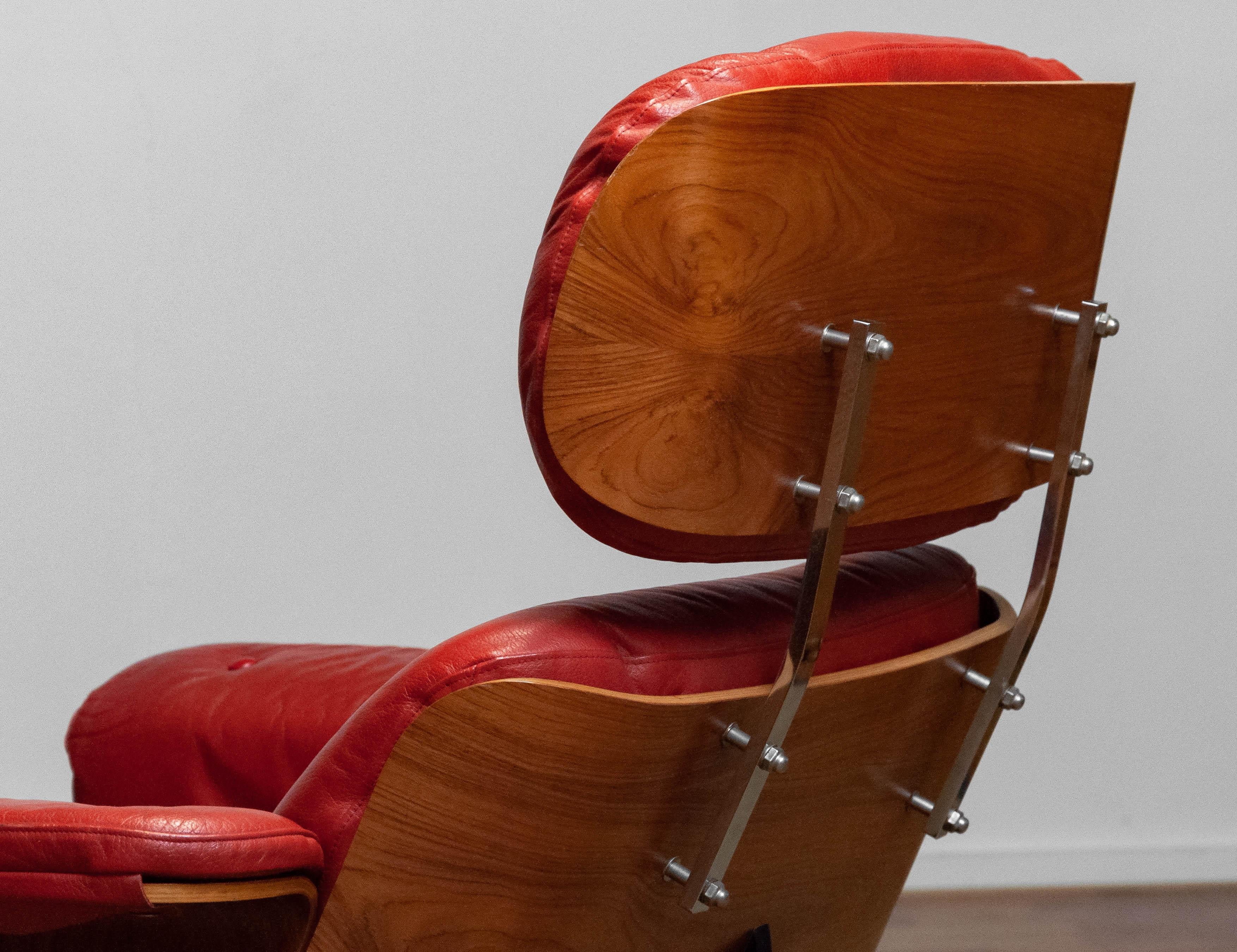 Mid-20th Century 1960s Red Reclinable Swivel Chair by Martin Stoll Giroflex with Walnut Shells  For Sale