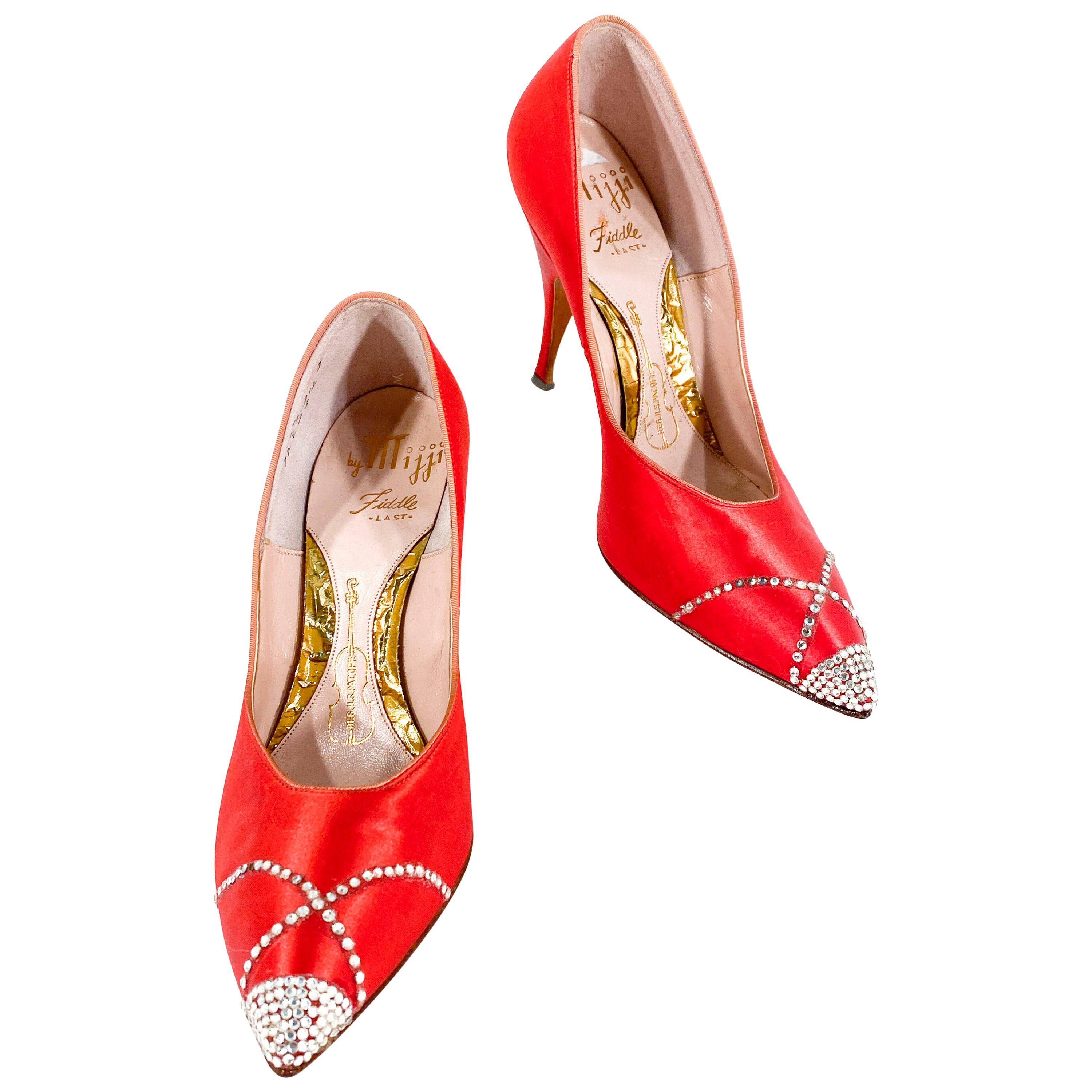 1960s Red Satin Stiletto Heels With Rhinestone Accents For Sale